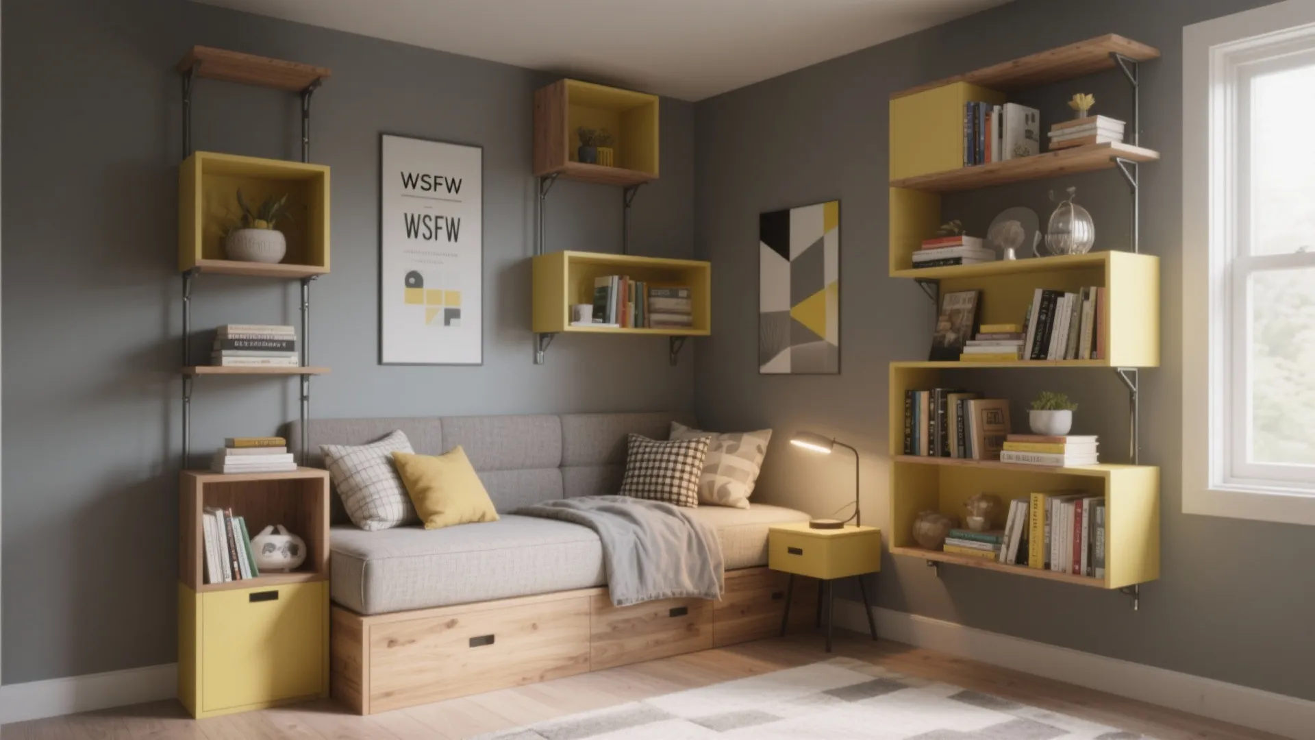 5. Daybed with modular shelving — style meets storage