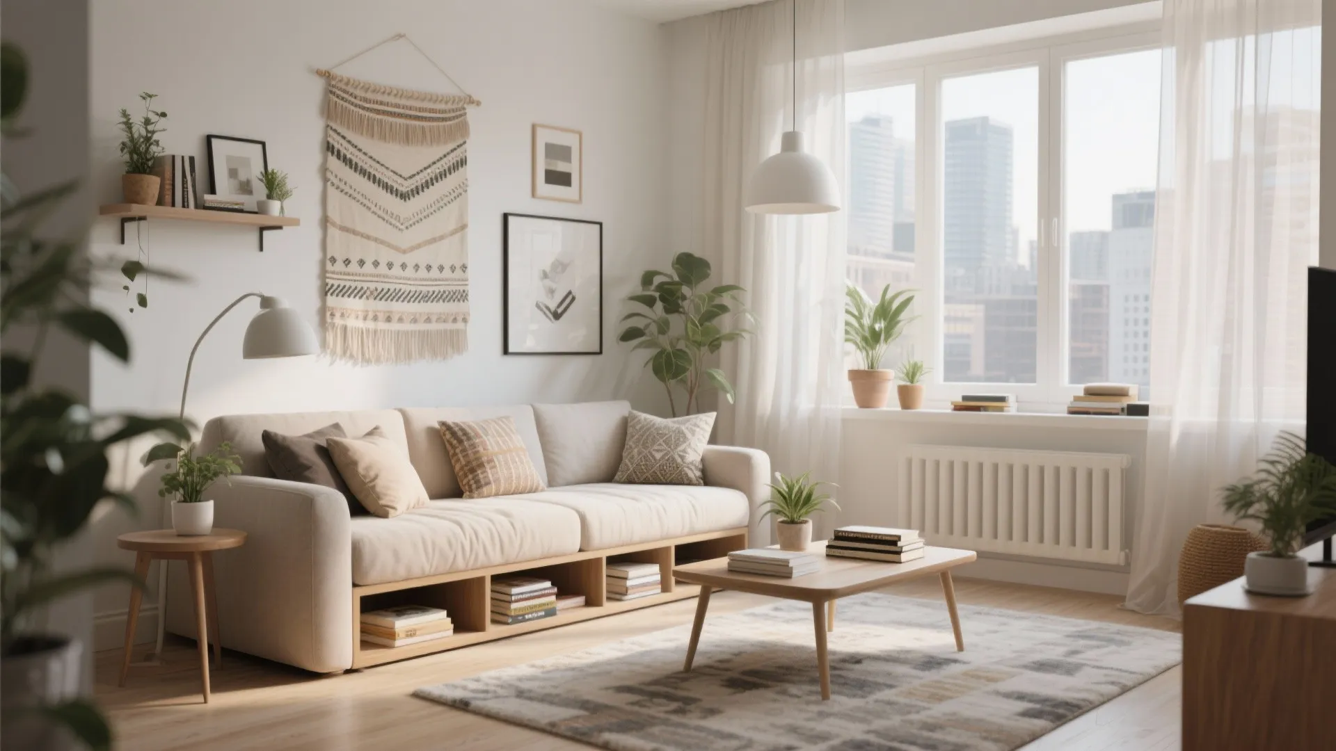 Bohemian living room with cream sofa wood coffee table wall hanging plants and large window