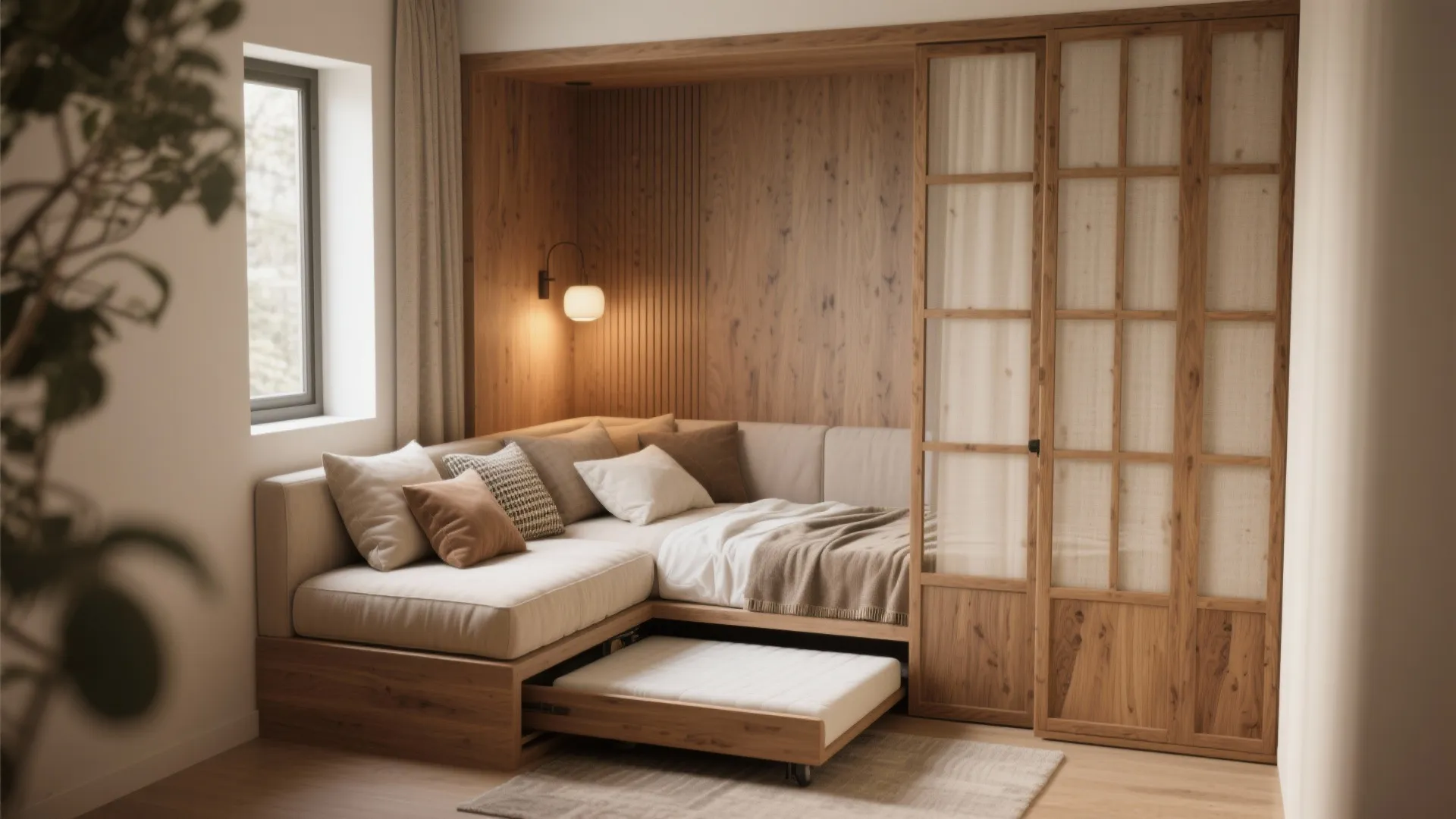 Corner daybed nook with sliding panels and a trundle for guests, styled with cushions and warm textiles.