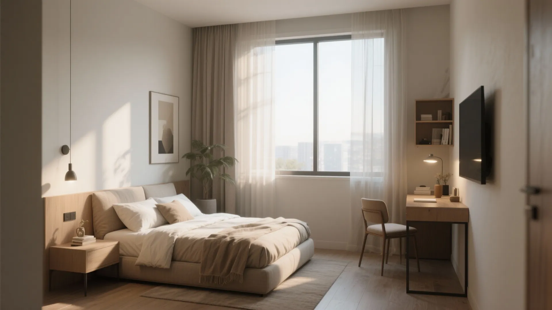 Modern bedroom with wooden bed frame plus small desk and chair near large sunny window view