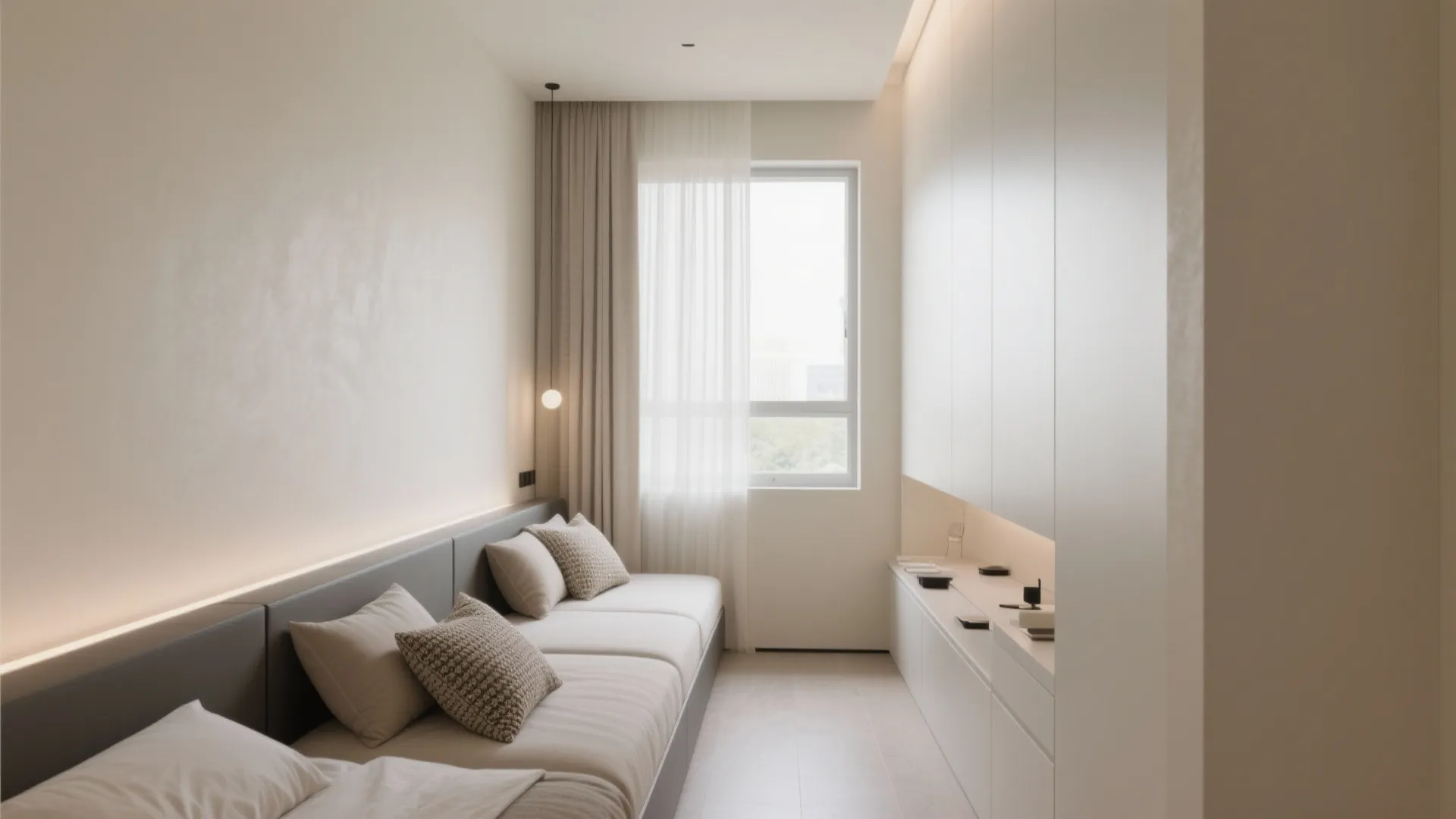 Narrow modern room featuring a long cream sofa, white wall cabinets, and a bright window