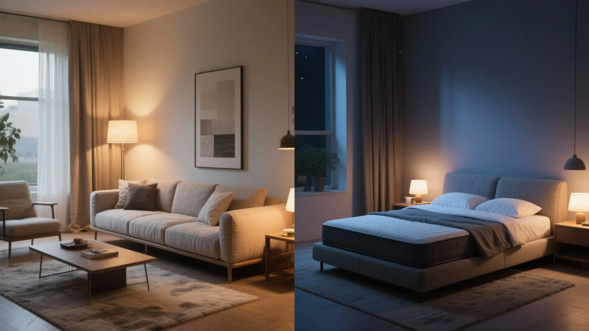 Split screen image showing a living room with sofa and bedroom with bed at night