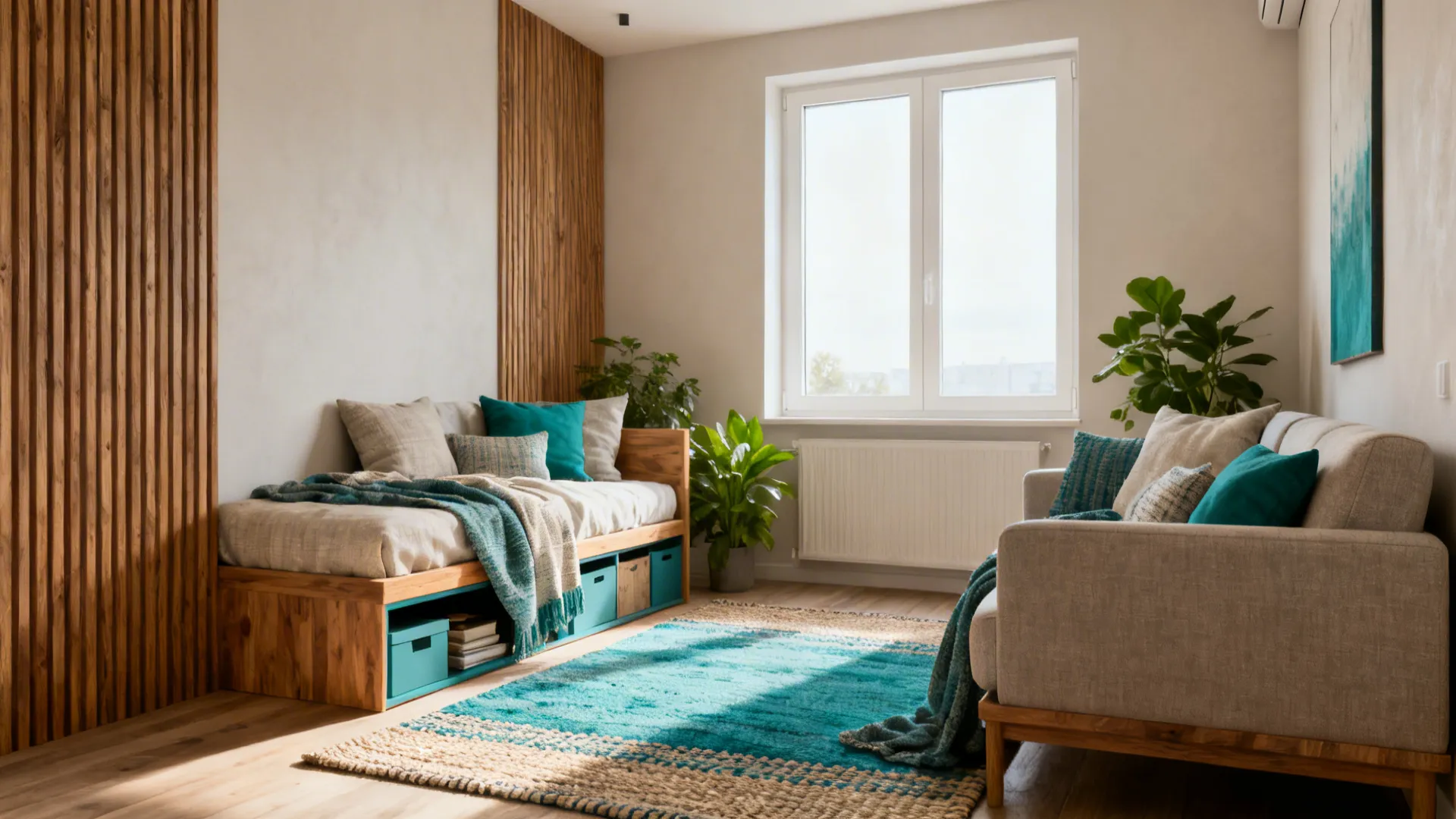 Modern room with wooden daybed sofa teal pillows rug and large bright window interior view