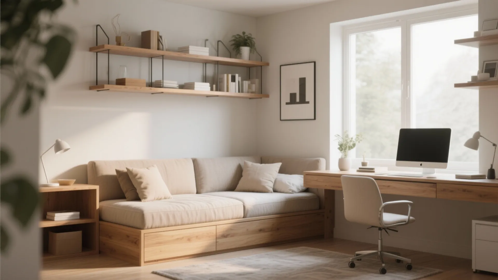 Daybed serving as sofa in a compact home office guest room