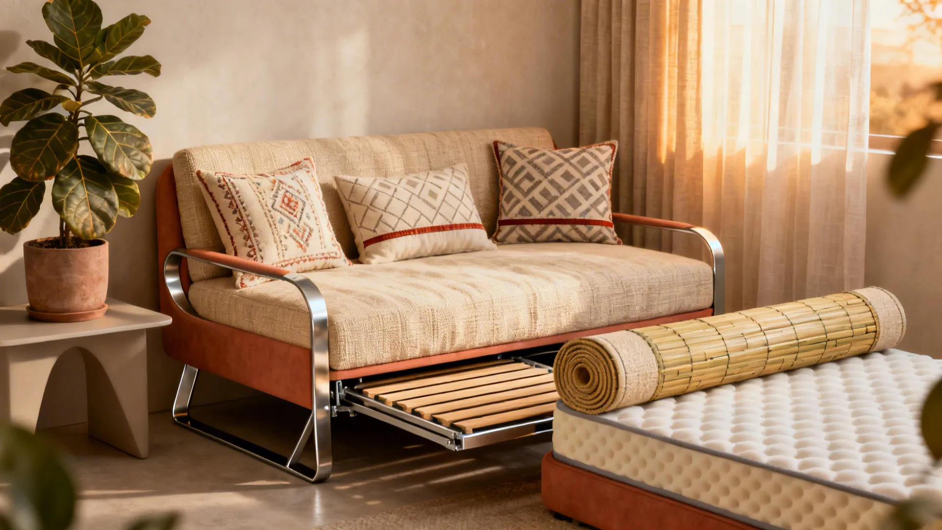 Stylish daybed that converts to a bed in a compact living-bedroom corner