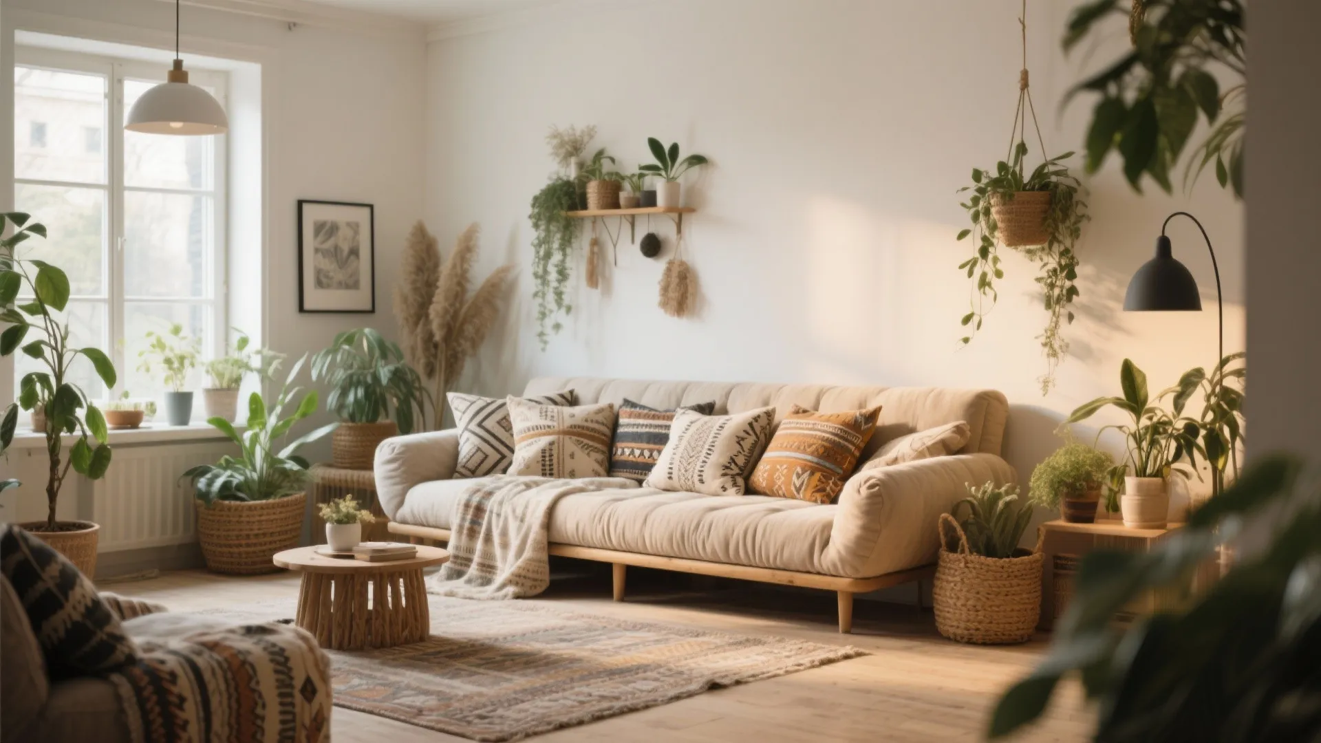 Bohemian Scandinavian living room with an upholstered daybed and plants