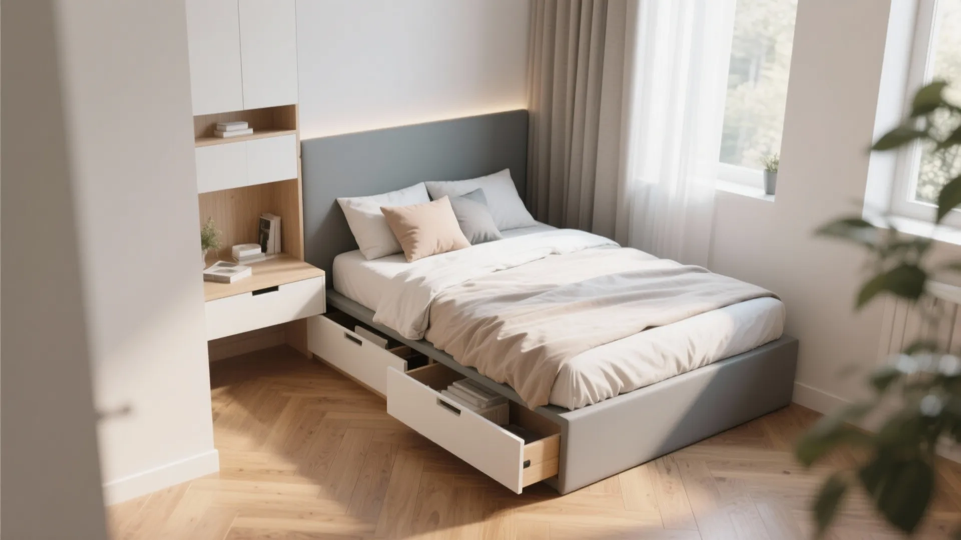 Grey upholstered bed with built in storage drawers next to a white desk and cabinet