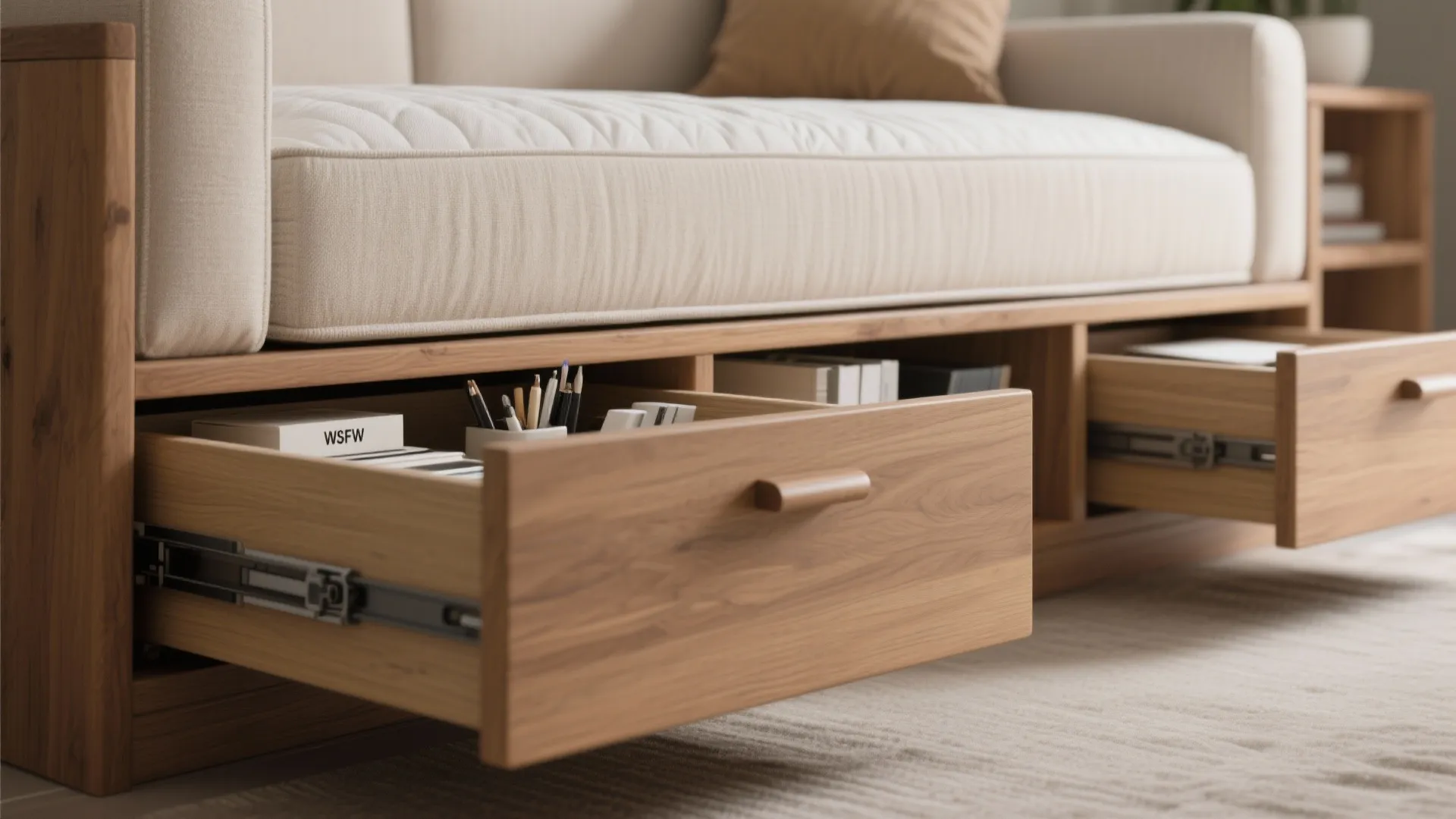 Close-up of a daybed sofa with built-in under-drawers and mattress edge in warm daylight.