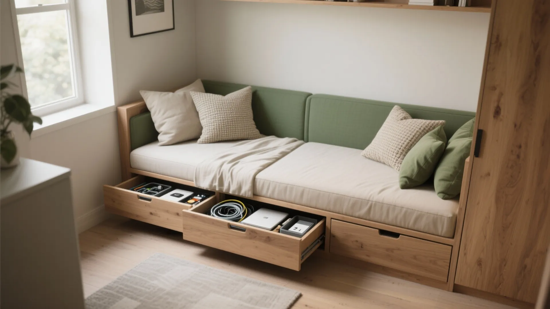 Low-profile daybed with built-in drawers and organized under-drawer storage in a small room.