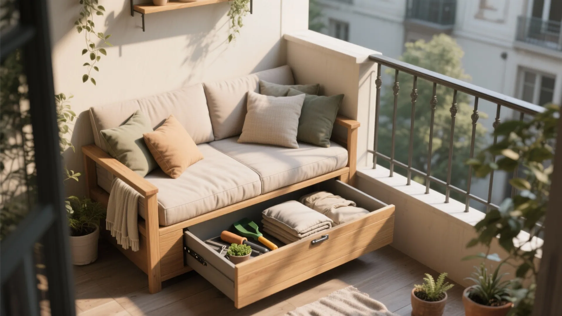 Outdoor wooden sofa with built-in storage drawer holding garden tools and blankets on a balcony