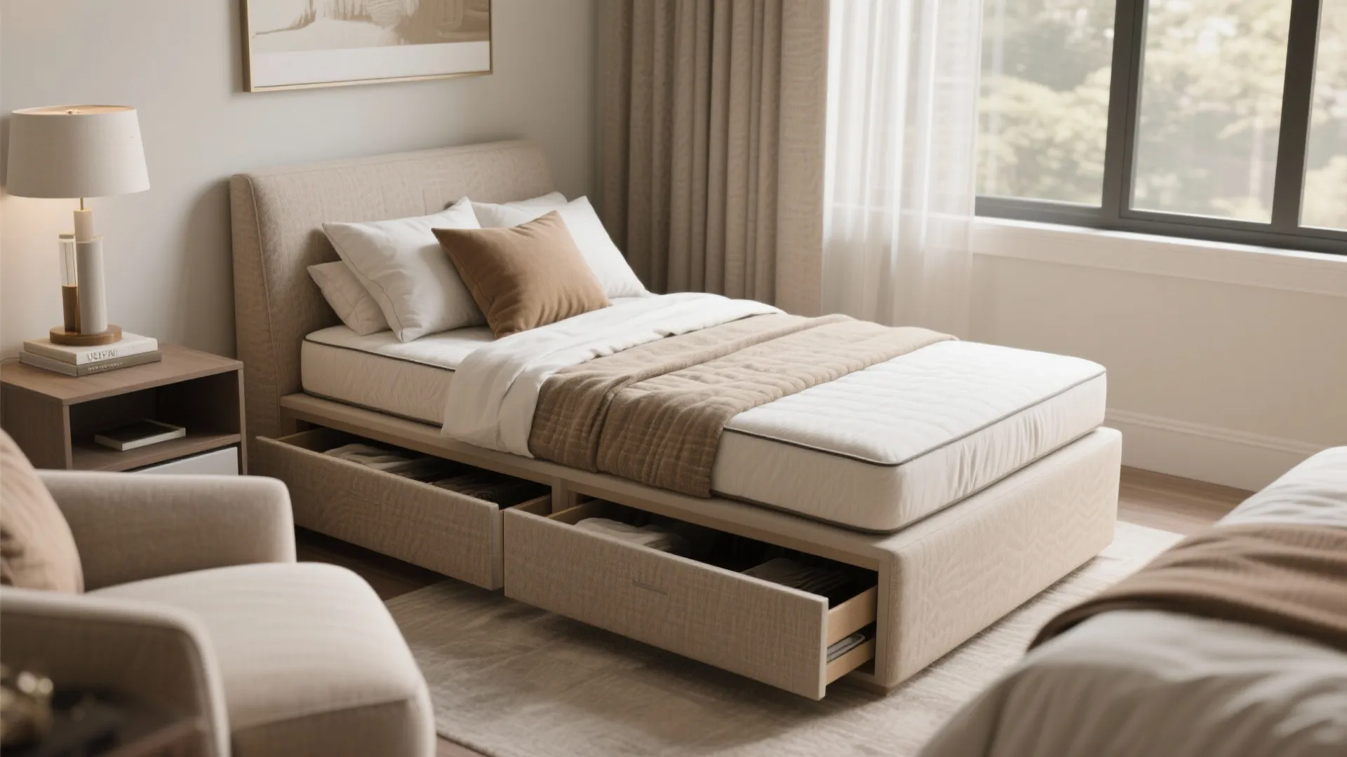 Modern single bed with open storage drawers underneath placed in a bright bedroom near window