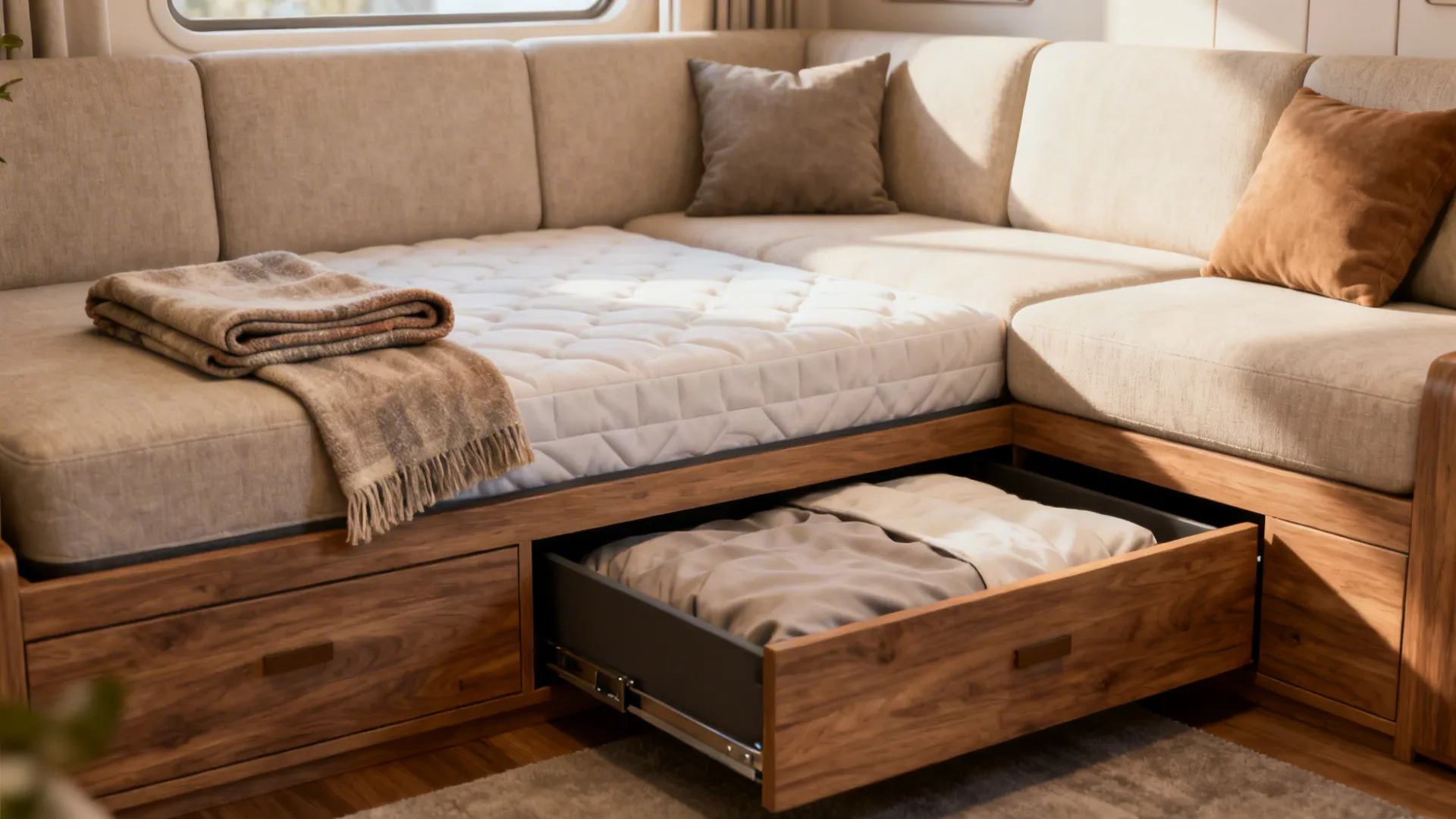 Multifunctional daybed with under-storage used as seating in a small living room.