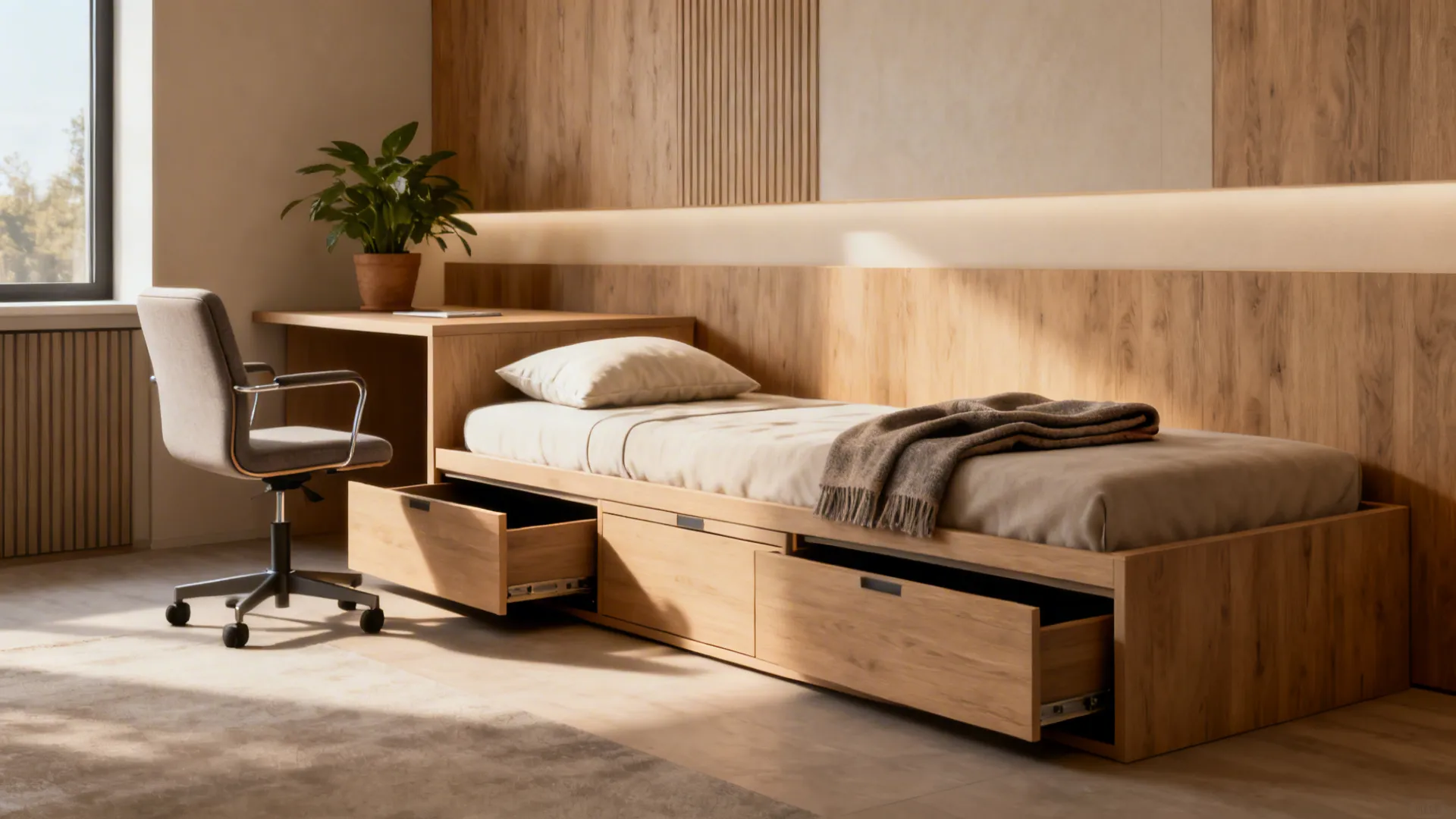 Wood bed with open storage drawers next to desk and chair in small bright bedroom