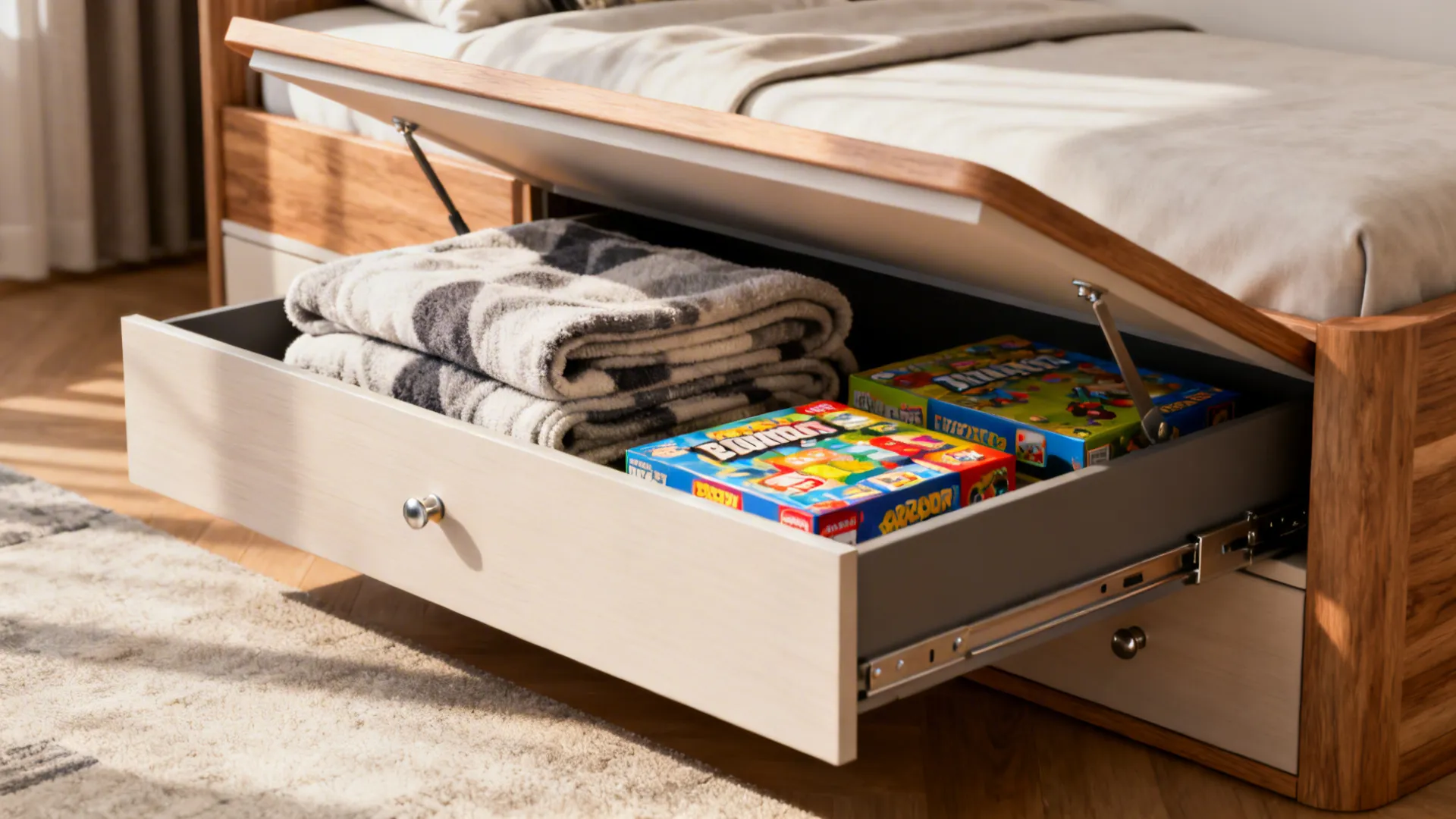 Wooden bed frame with an open storage drawer containing folded blankets and several colorful boxes