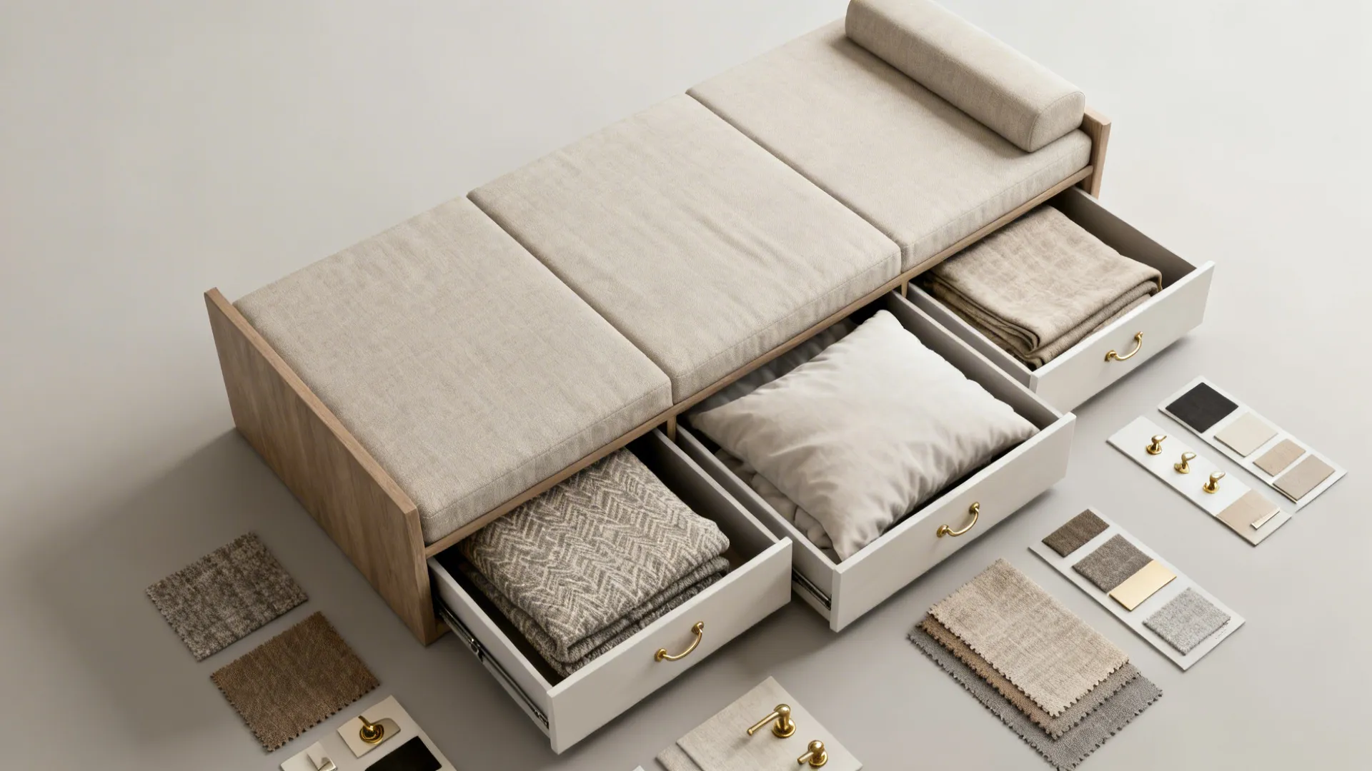Top-down flatlay of a convertible daybed with open storage drawers and fabric samples.