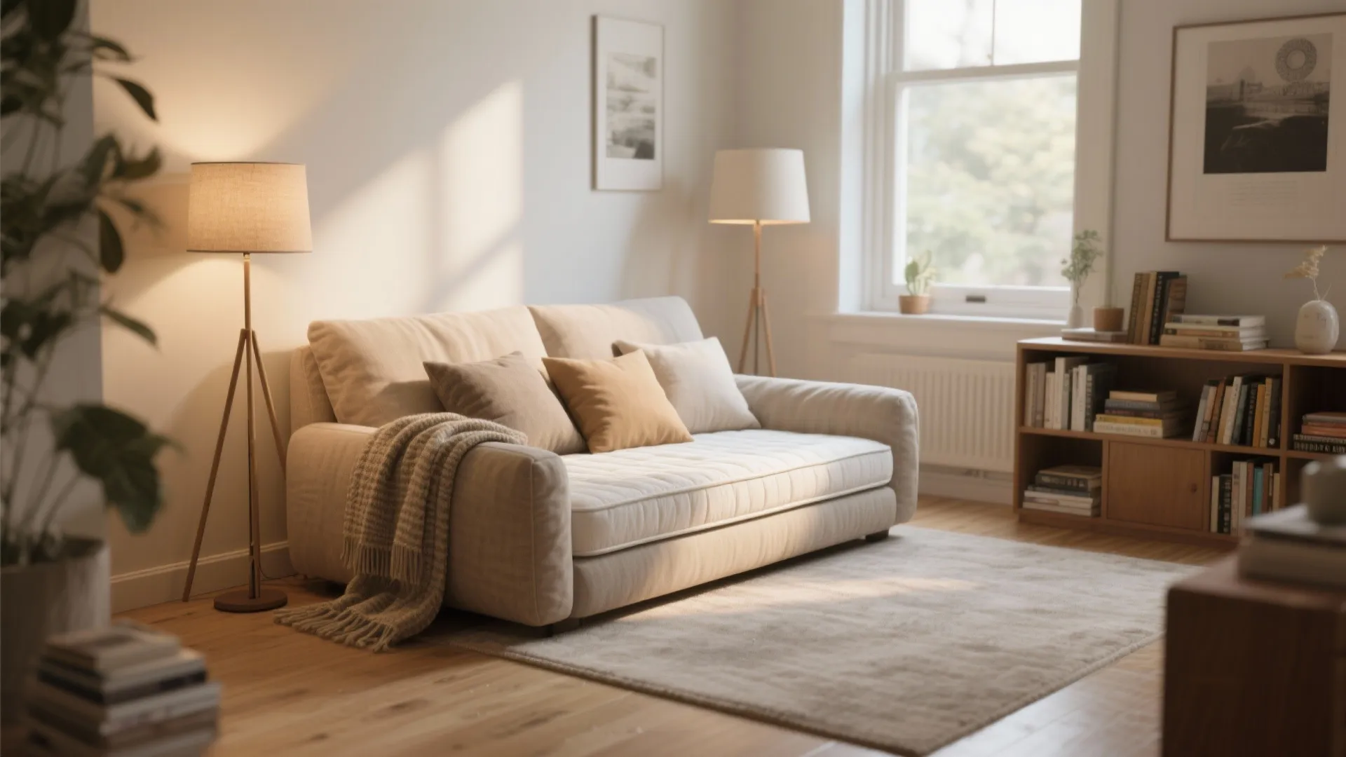 Cozy living room interior with a beige sofa, wooden bookshelf, floor lamp, and soft rug