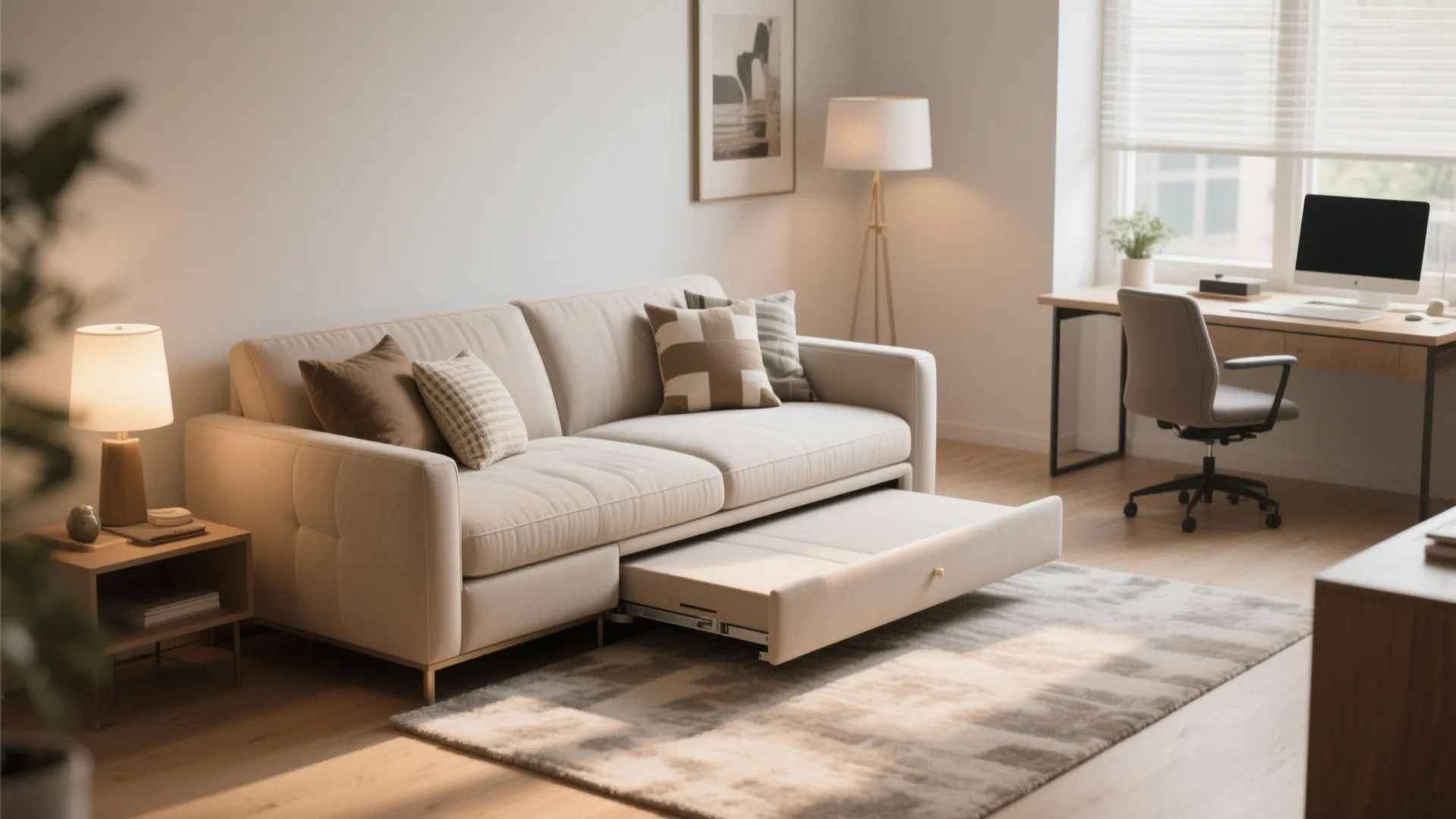 Beige sofa with a pull out bed in a living room with a work desk