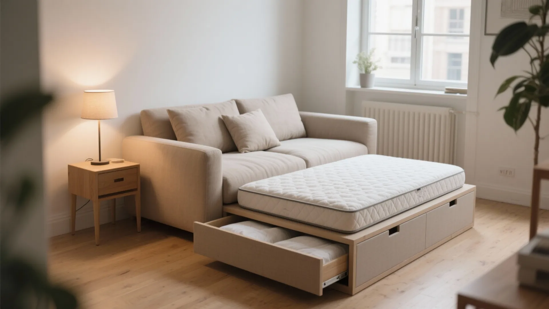 Modern sofa bed with an open storage drawer showing extra mattress pillows and a bedside lamp