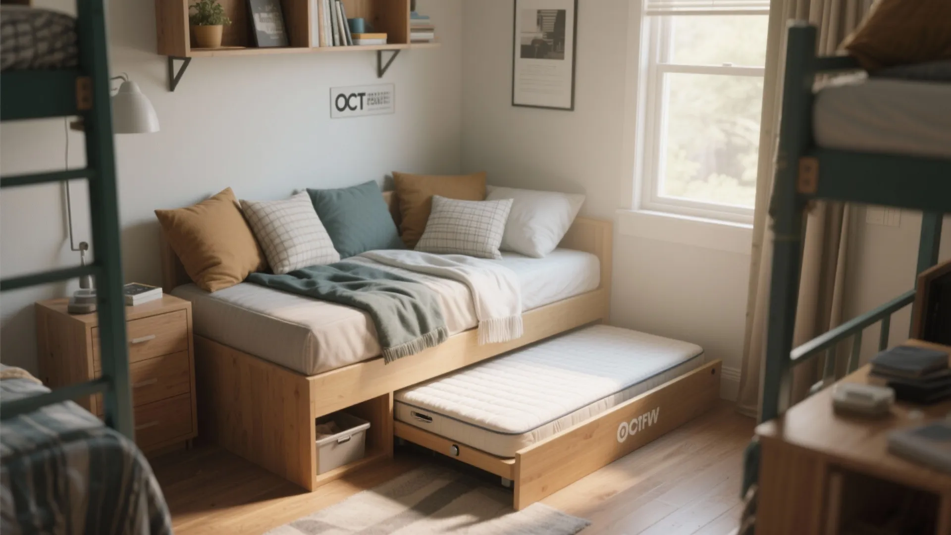 Wooden bed with a pull out mattress for guests in a small bright bedroom space
