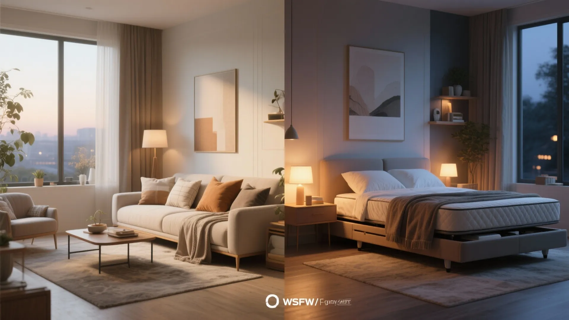 Split image showing a daybed as a sofa by day and the trundle pulled out at night, highlighting flexibility in small rooms.