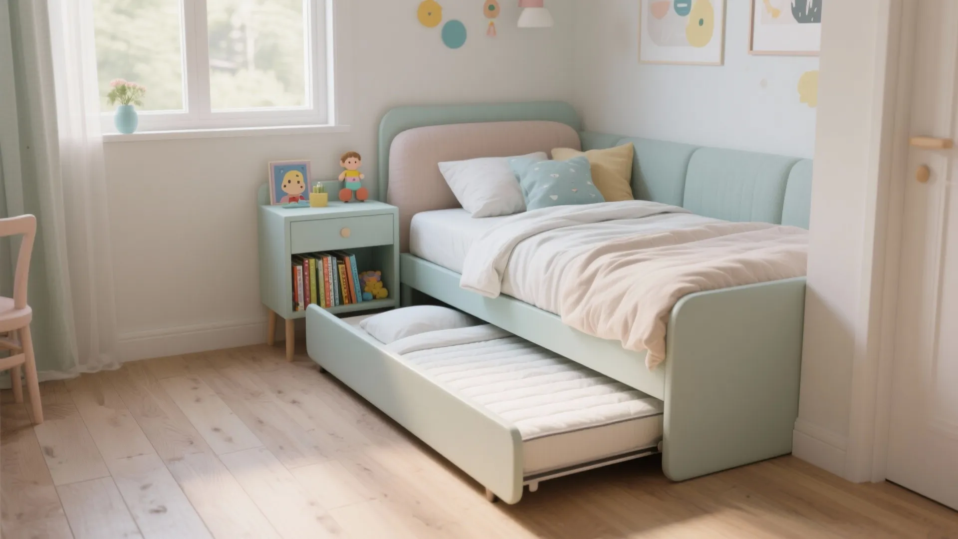 Light blue kids bed with a pull out trundle bed in bright wooden floor bedroom space