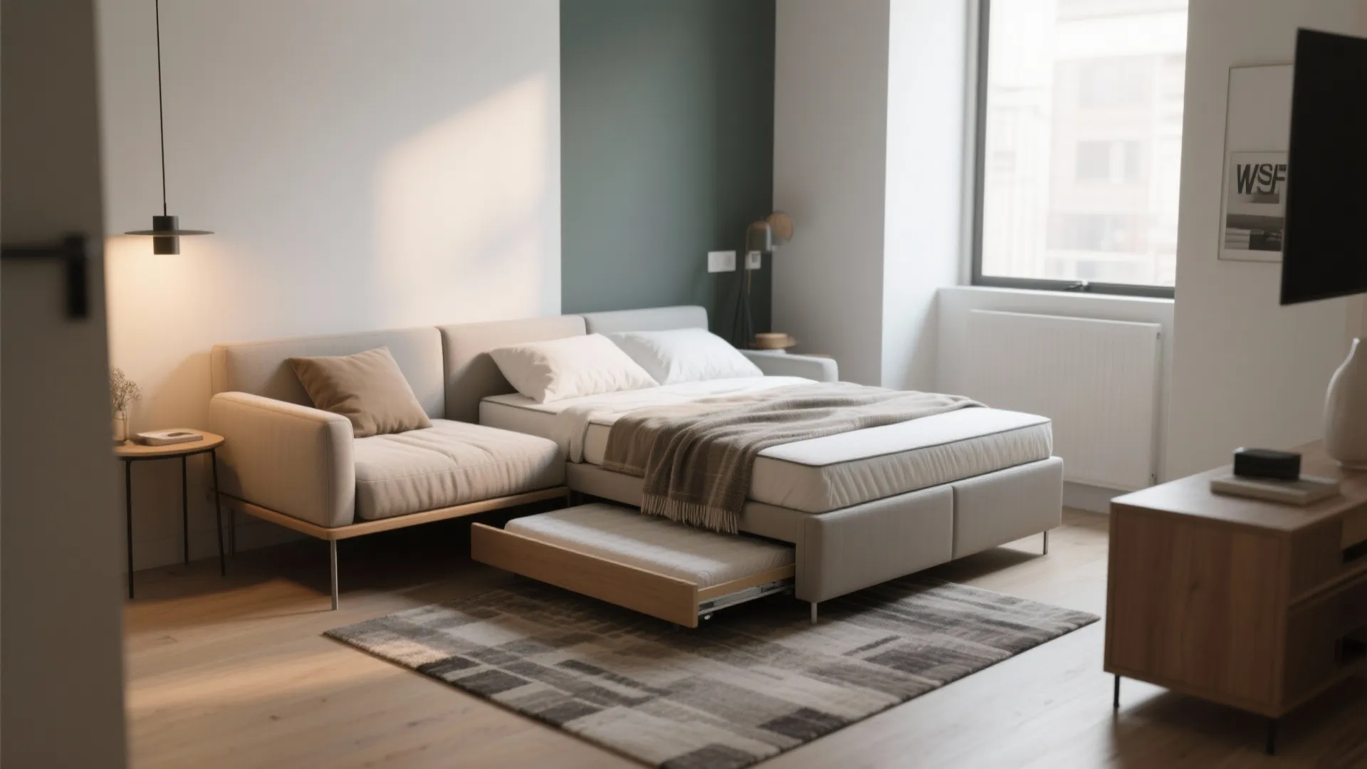 Modern grey sofa with pull out bed feature next to large window and wooden cabinet