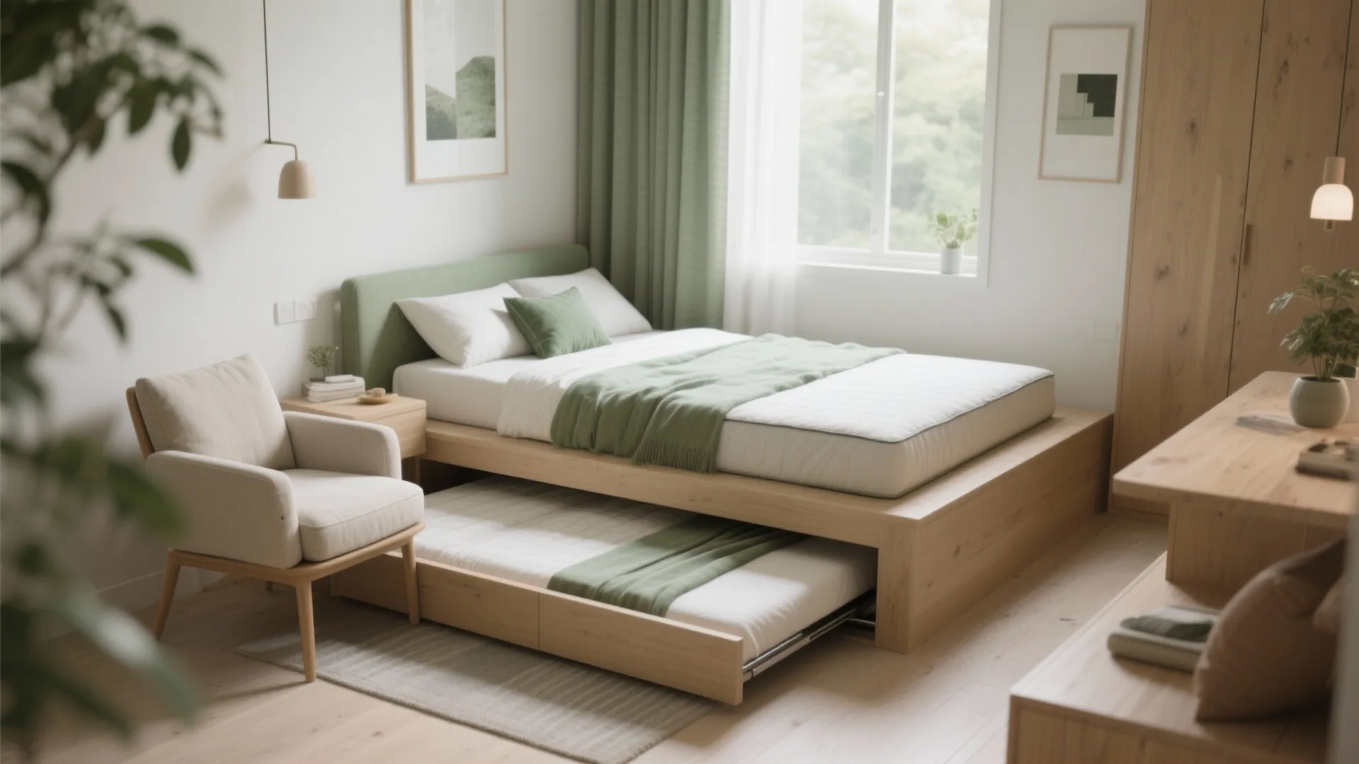 Modern wooden daybed with pull out guest bed green cushions white walls and light armchair