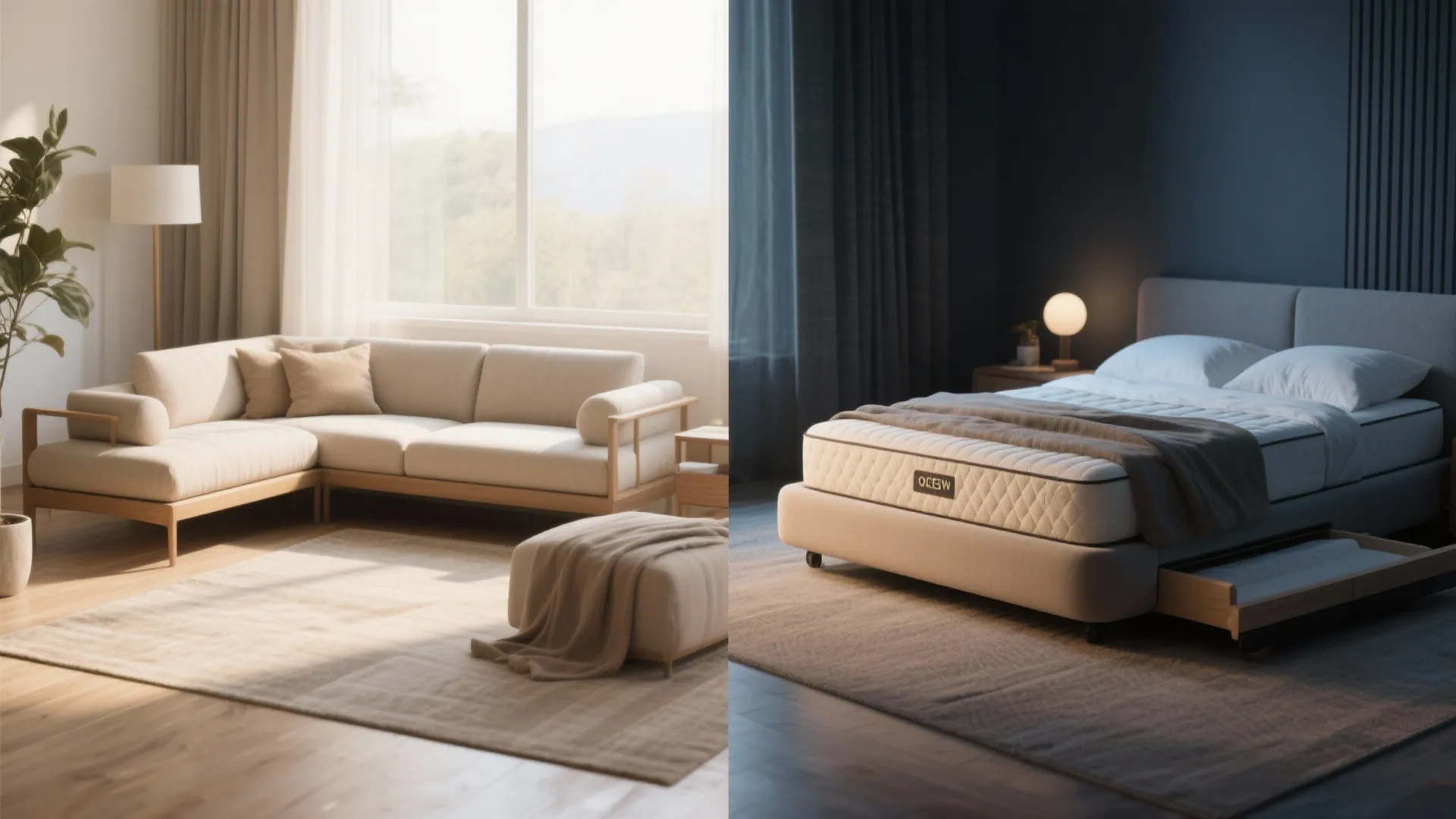 Side by side comparison of a sunny living room sofa and a modern bedroom bed
