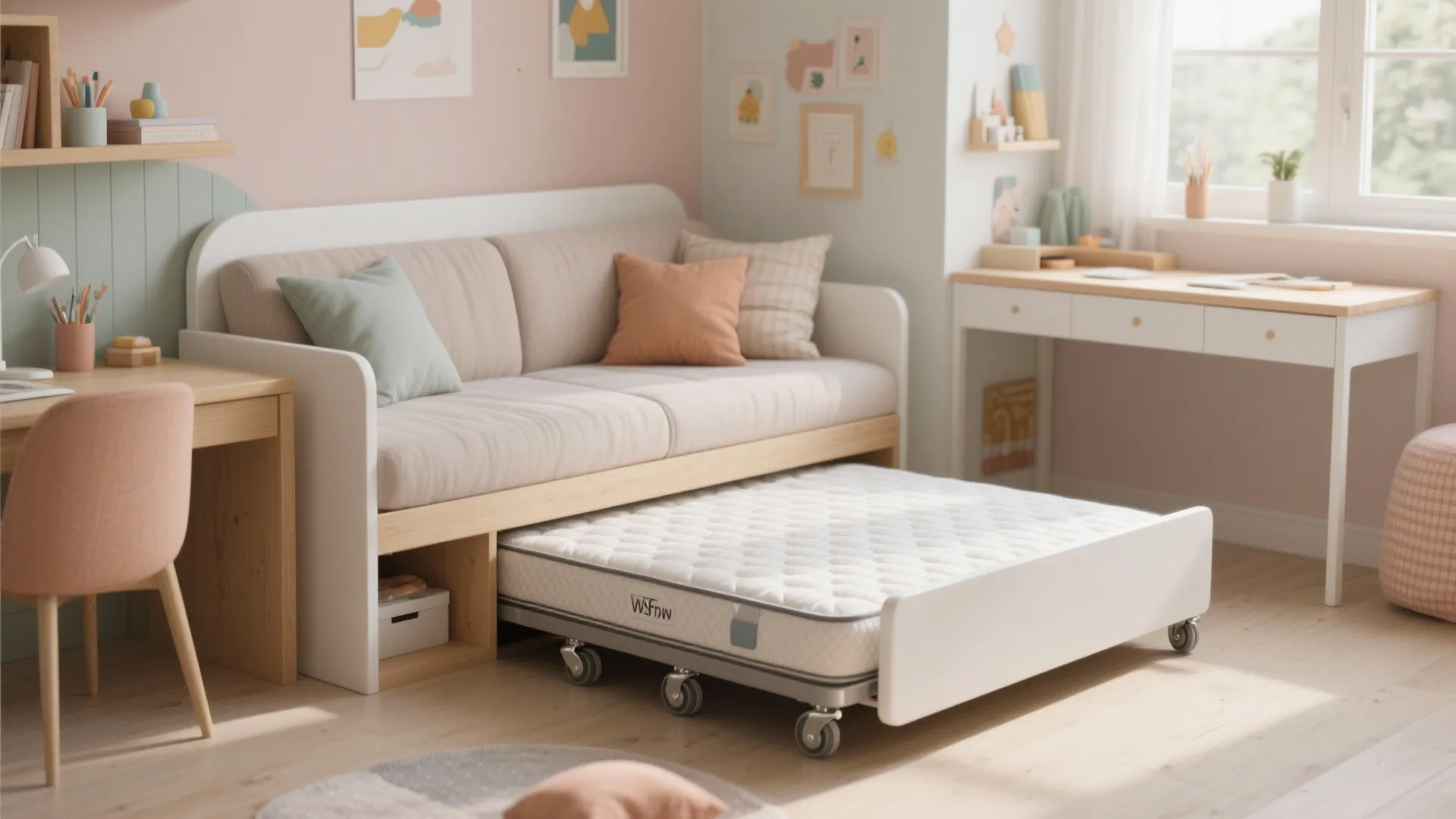 White sofa bed with wooden frame and small pull out bed with wheels on floor