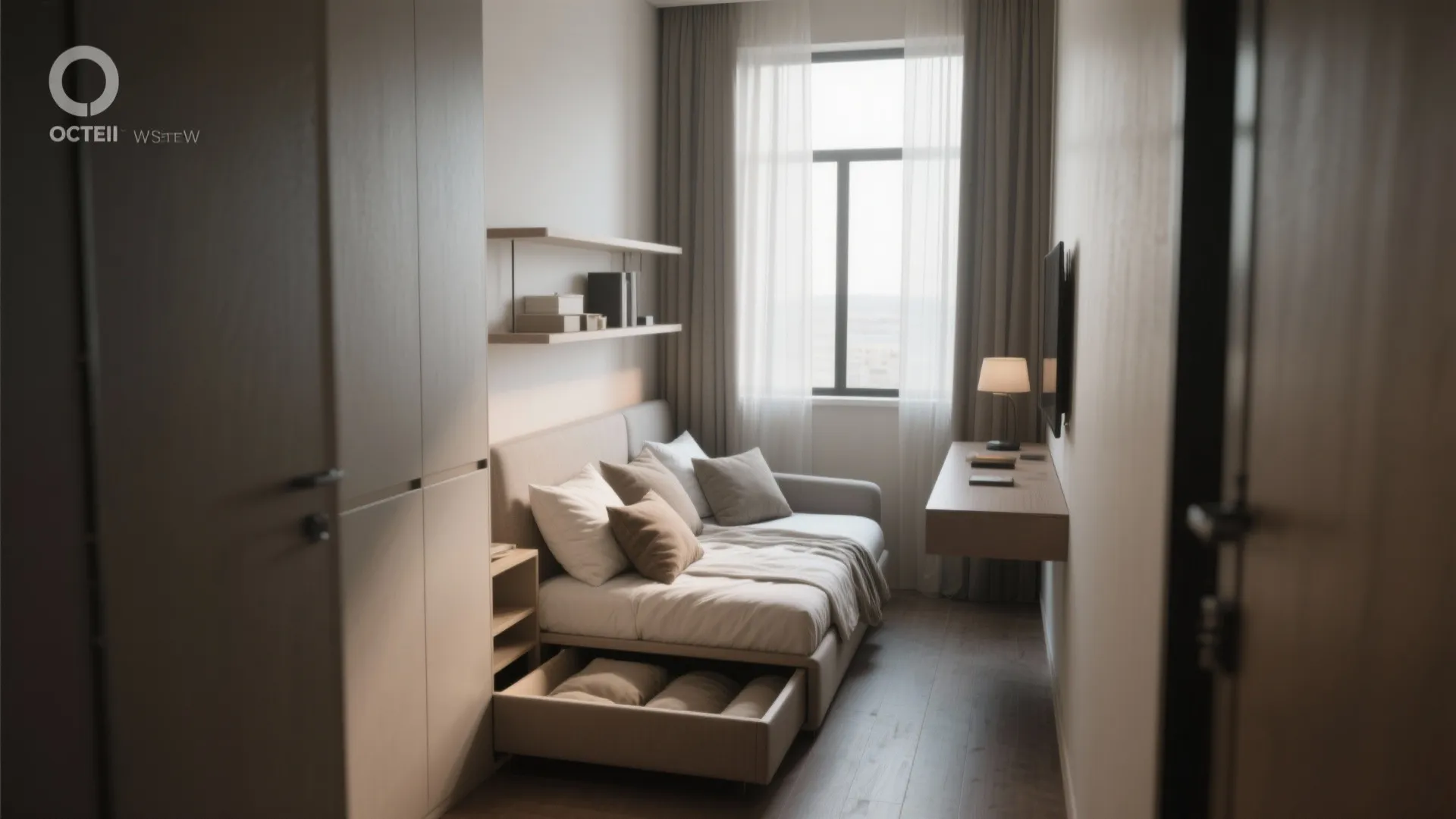 Compact bedroom interior design drawing with a sofa bed and a pull out storage drawer