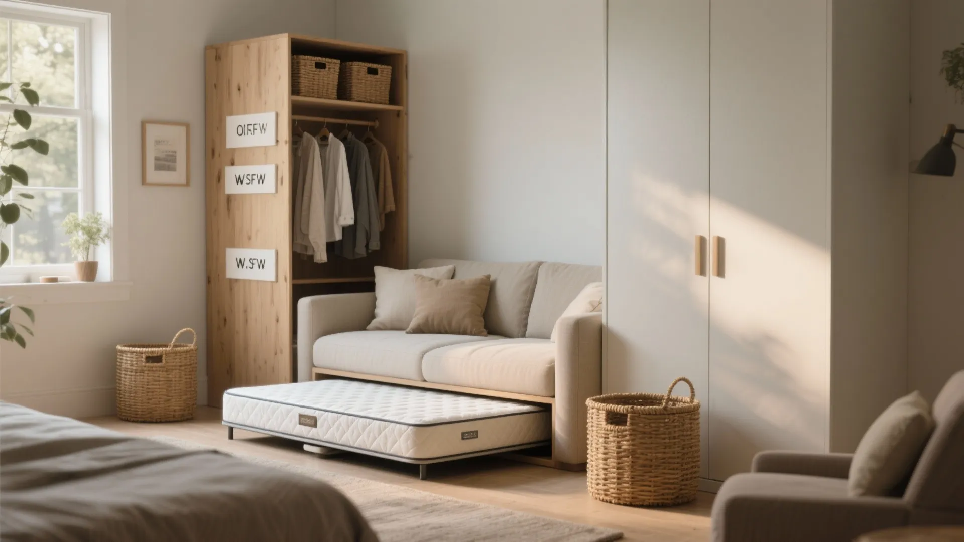 Modern cream sofa with a pull out single bed mattress in a minimalist bright bedroom