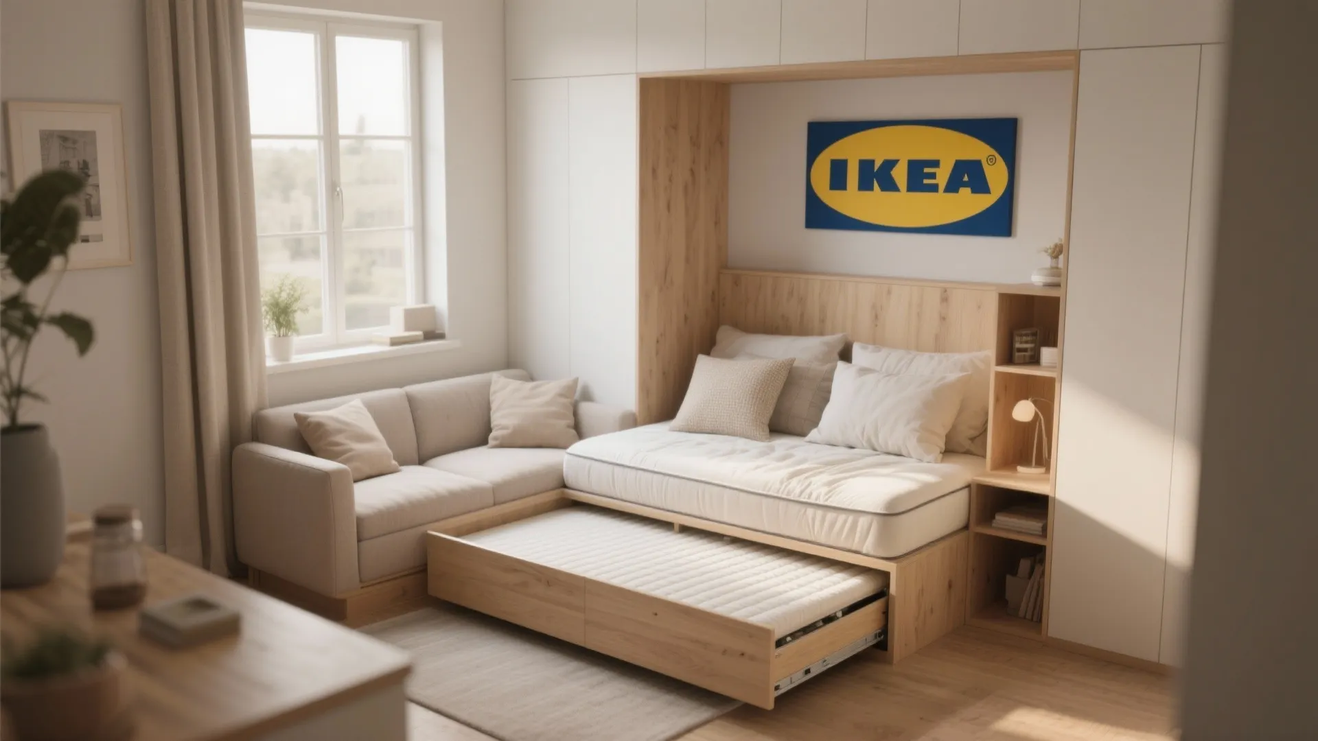 IKEA daybed with a trundle drawer in a compact room, showing sofa-by-day, bed-by-night versatility.