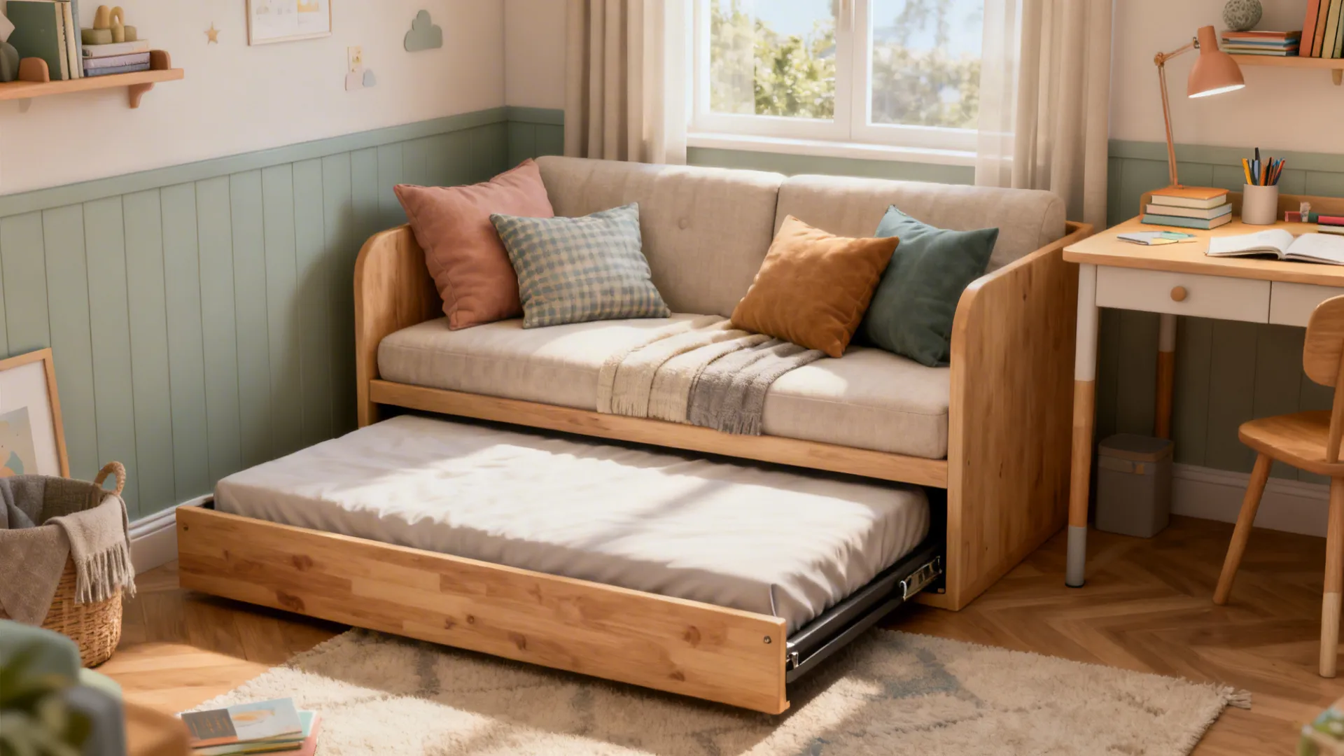 Wooden daybed with a pulled out extra bed in a cozy room with a desk