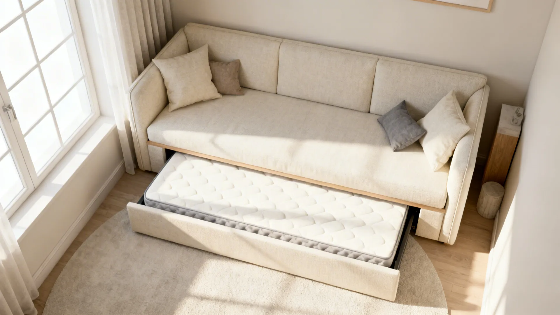 Daybed with a pulled-out trundle showing flexible sleeping arrangement in a small room
