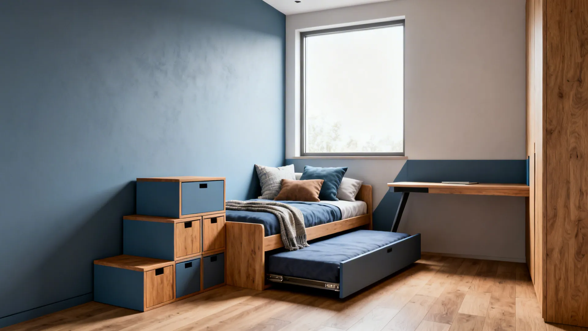 Small room with a daybed and pull-out trundle, plus coordinated storage cubes and cushions