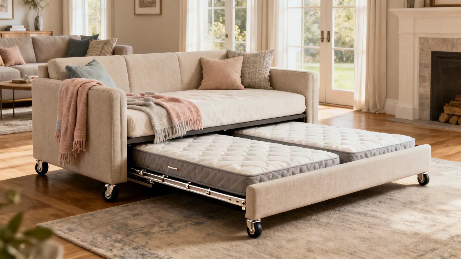 Daybed-style sofa with a pulled-out trundle showing two mattresses and quality rails