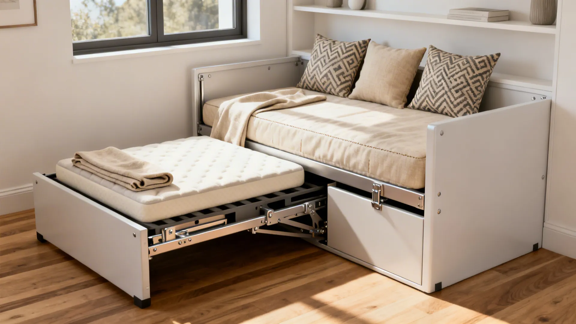 Daybed with trundle partially pulled out showing guest-ready dual sleeping solution in a small room.
