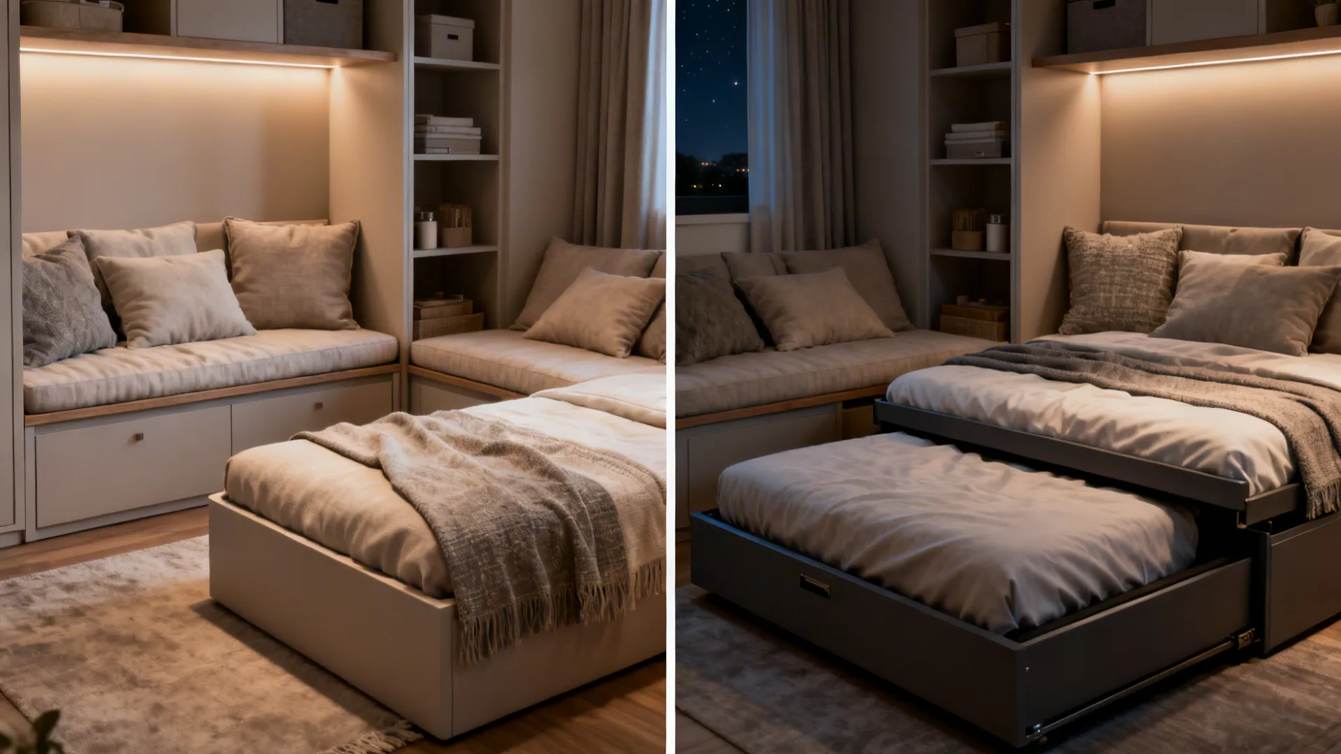 Daybeds converting to trundles in the same small room shown day and night