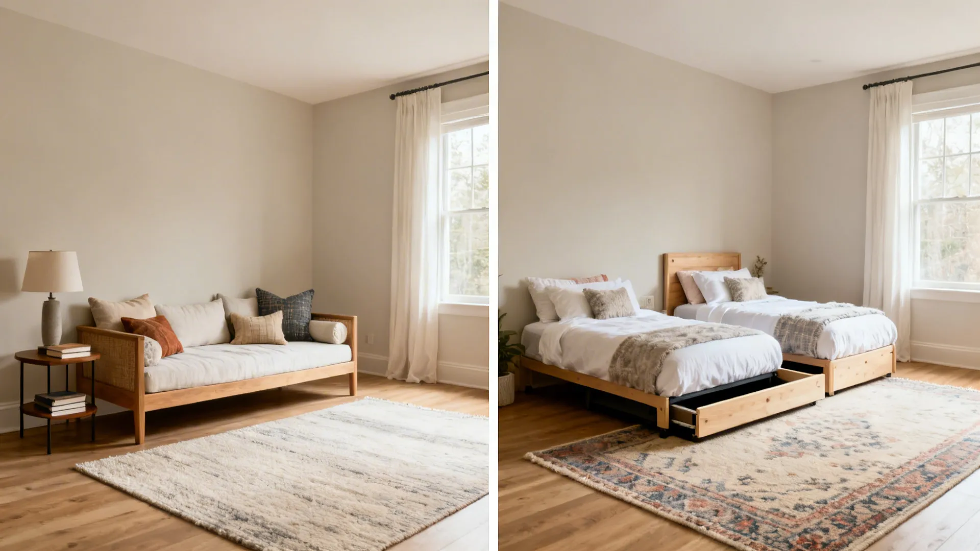 10x16 guest room transforming from a daybed lounge to two twins with a trundle pulled out.