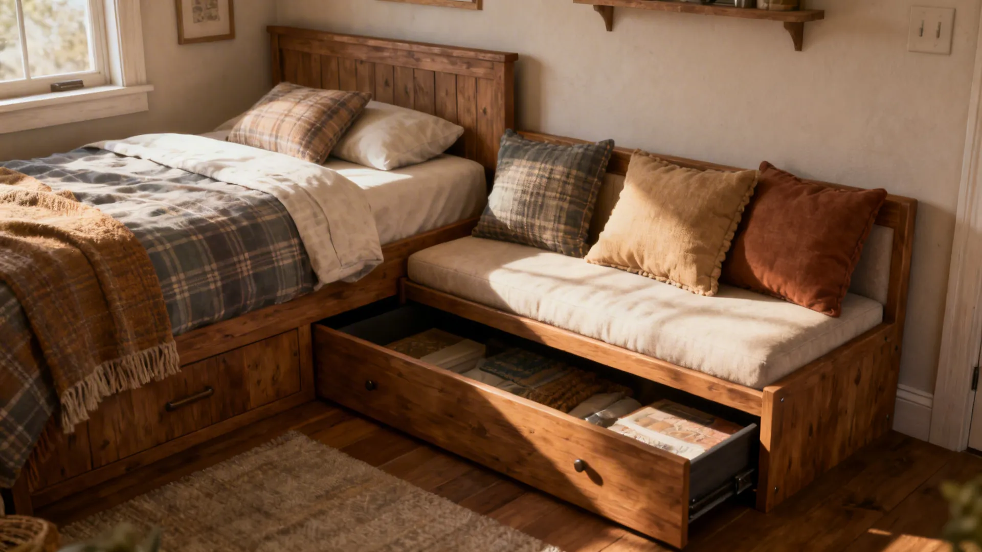 Twin bed combined with a daybed and pull-out trundle for flexible sleeping in a small room