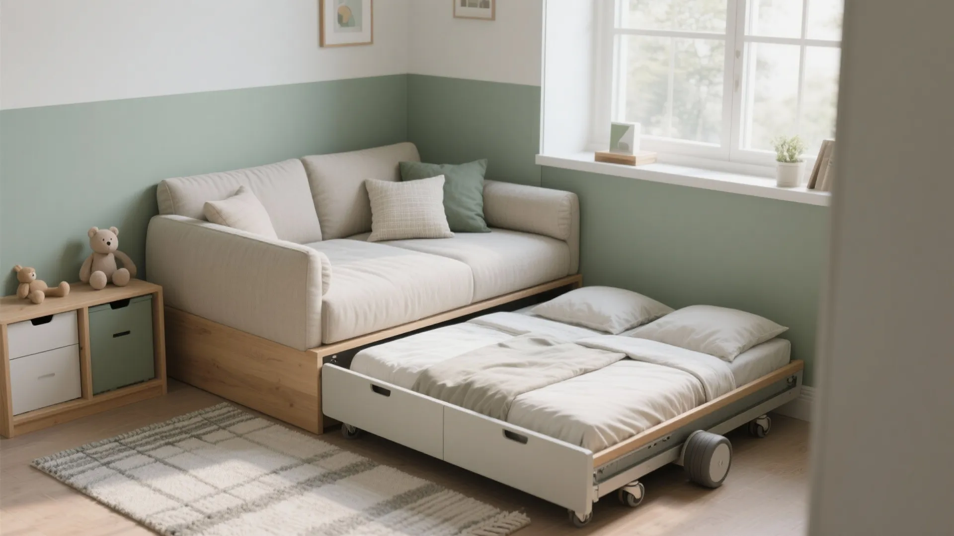 Daybed + trundle as a flexible “pseudo bunk”