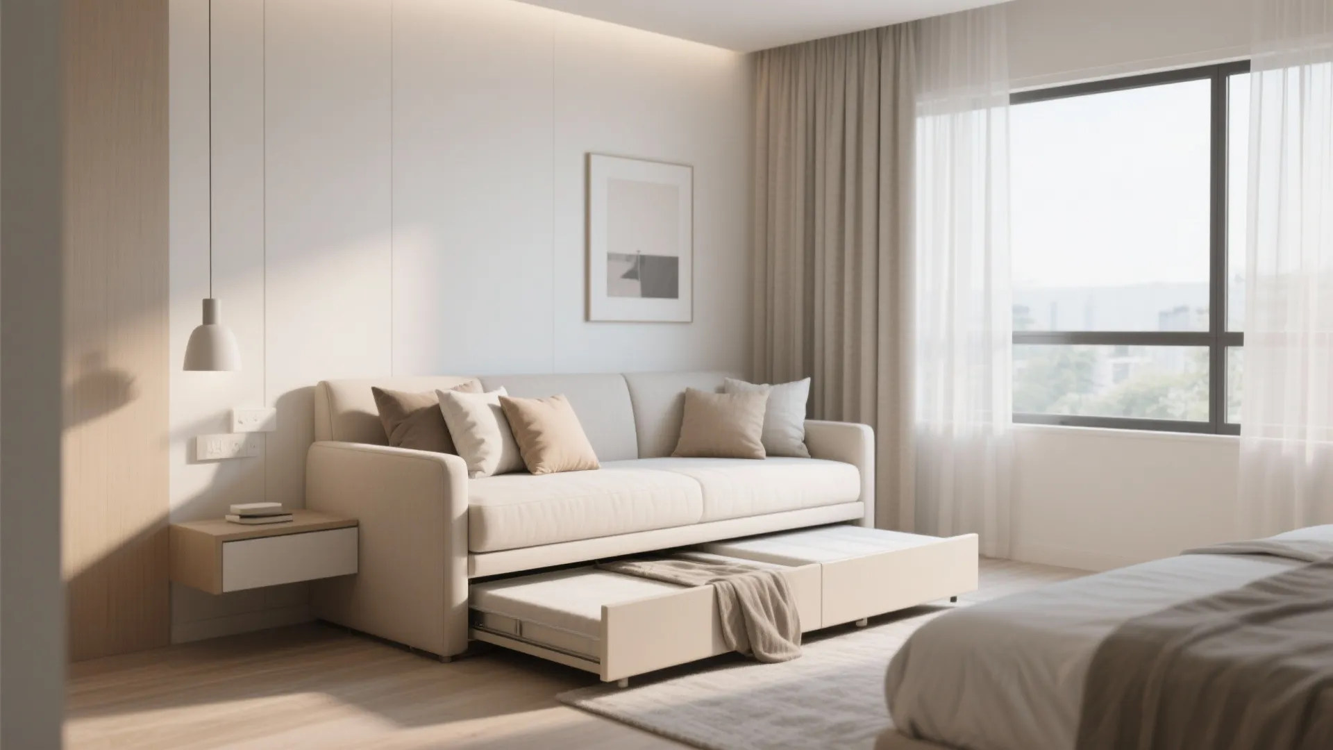 Cream sofa with a pull out guest bed underneath in a bright room with window