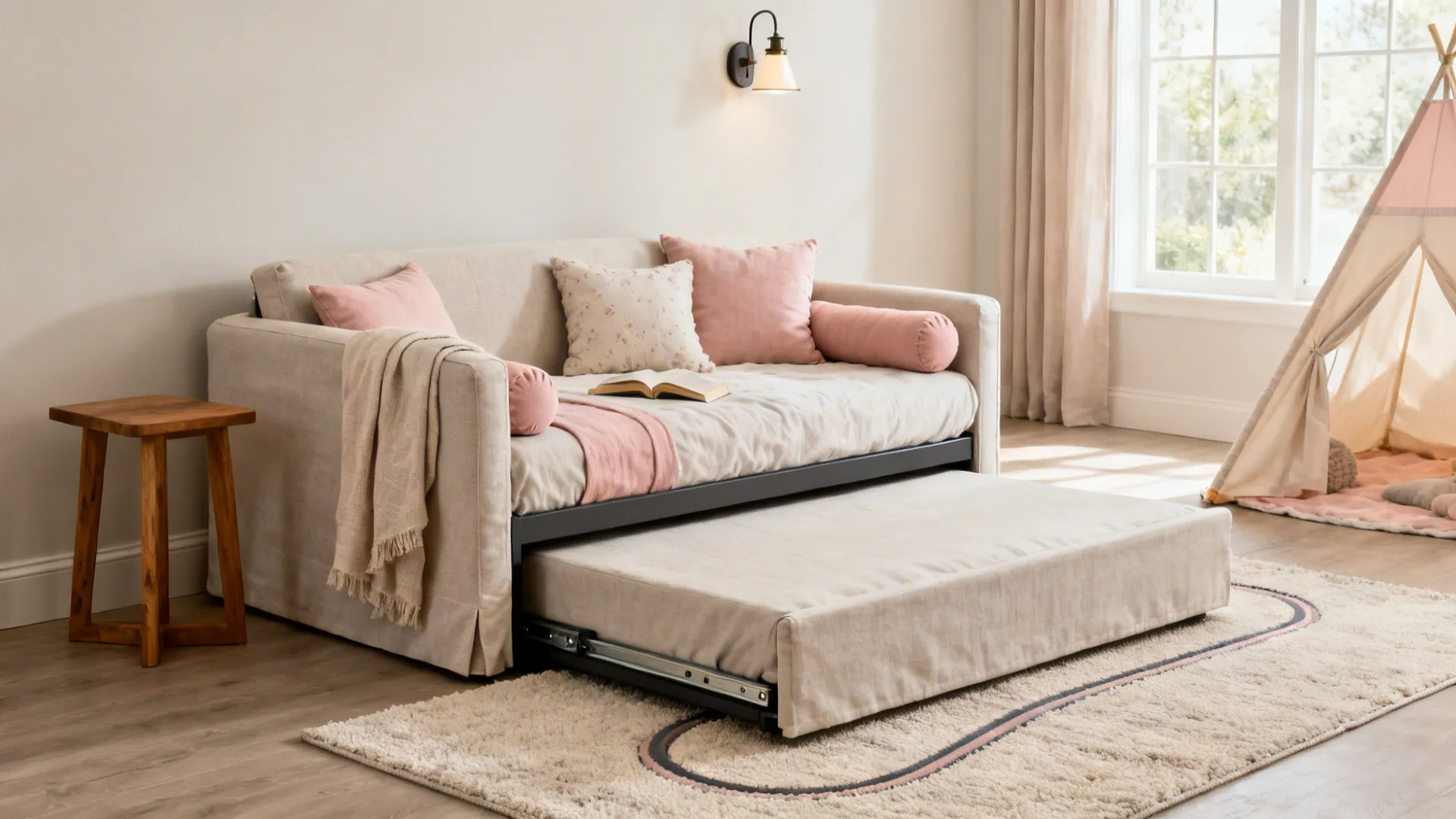 Twin daybed with trundle and bolster pillows in a compact toddler bedroom with clear rollout space.