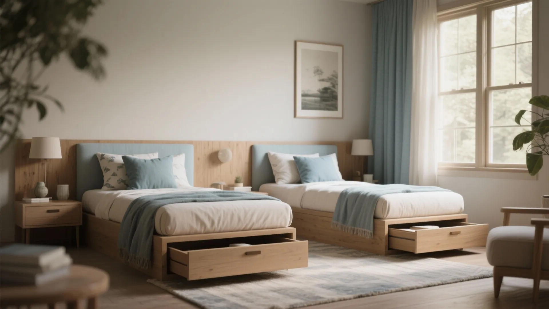 Cozy guest room with two daybeds used as seating during the day and drawers for hidden storage underneath.