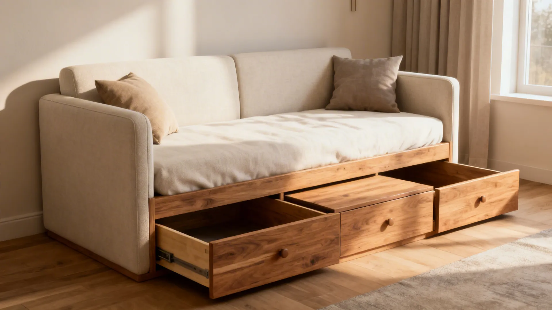 Daybed sofa with under-seat drawers slightly open in a compact studio layout