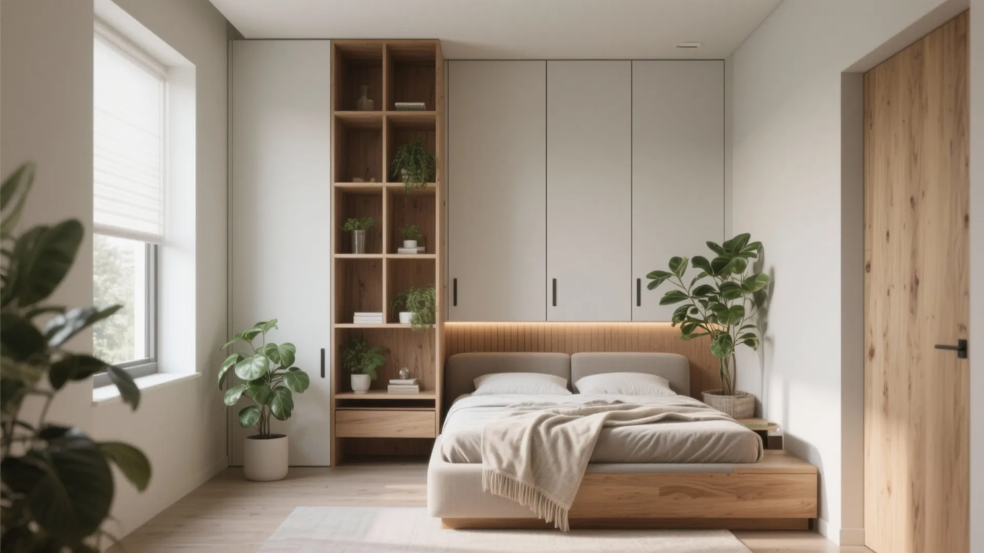 Modern bedroom featuring white cabinets wooden shelves green indoor plants and large bed near window