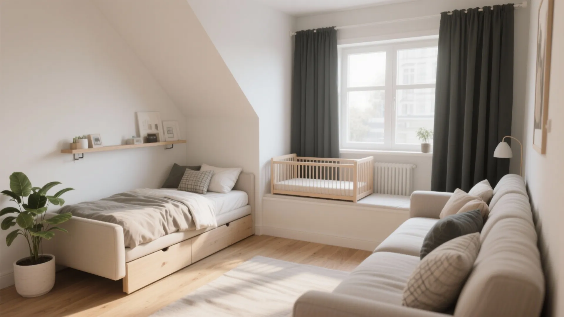 4. Wall-mounted daybed plus crib under a window nook
