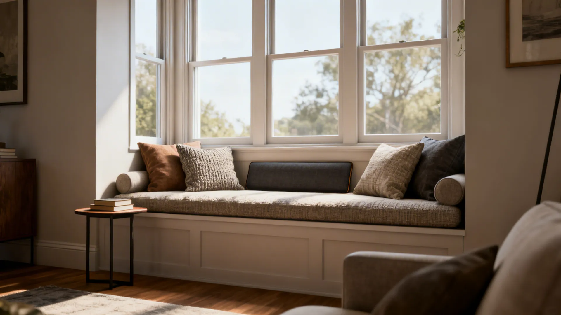 Low bench-style daybed under a window creating a bright reading nook