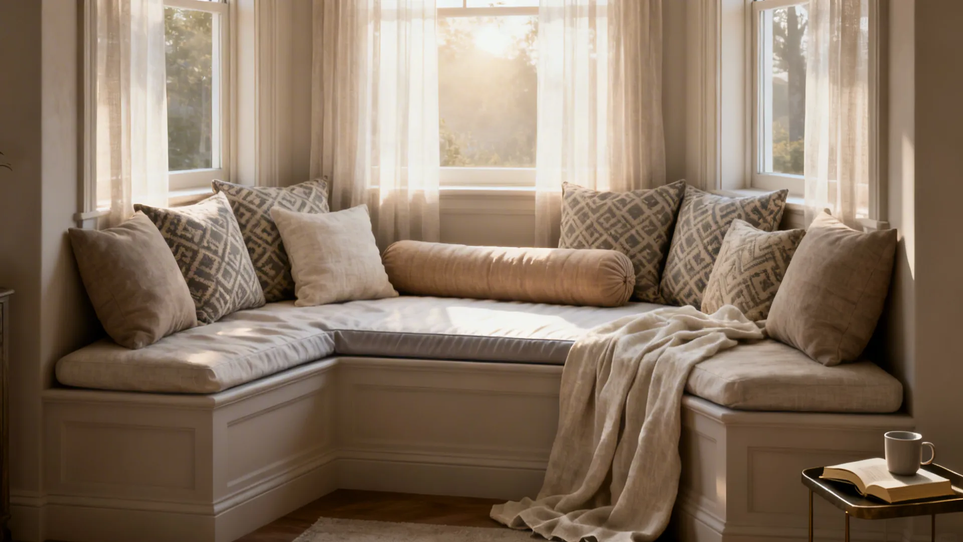 Bay window styled as a daybed with layered cushions and a bolster under sheer curtains