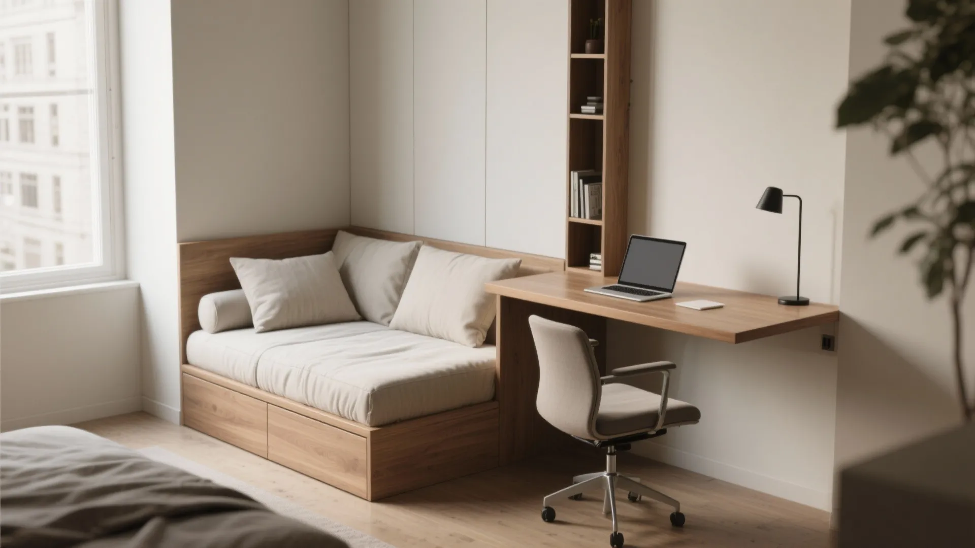Modern wood daybed with storage drawers next to a floating desk and a black lamp
